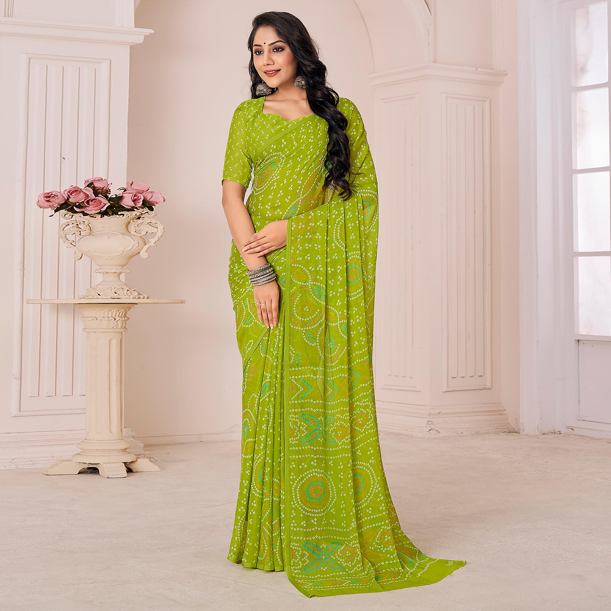 Green Bandhani Printed Chiffon Saree