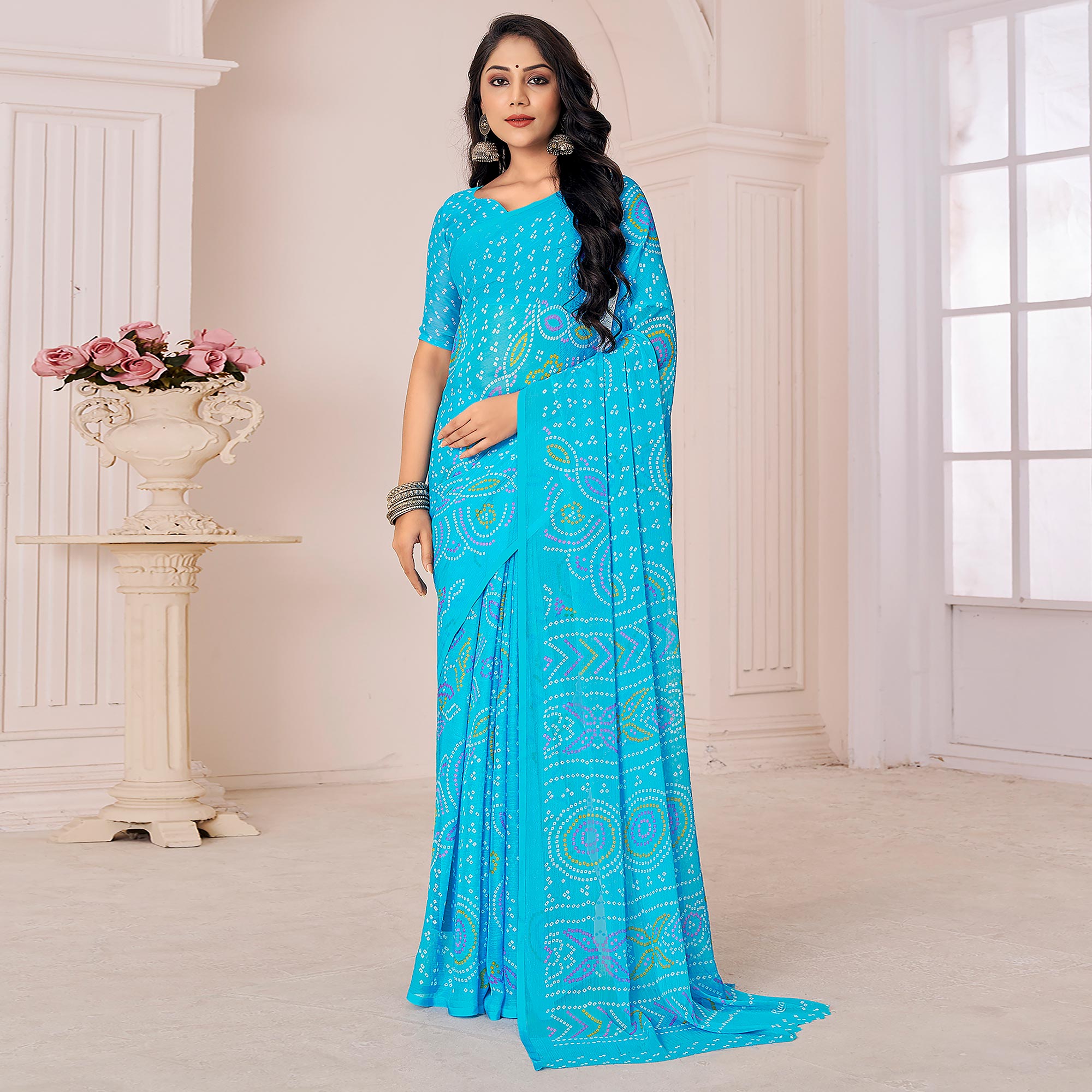 Blue Bandhani Printed Chiffon Saree