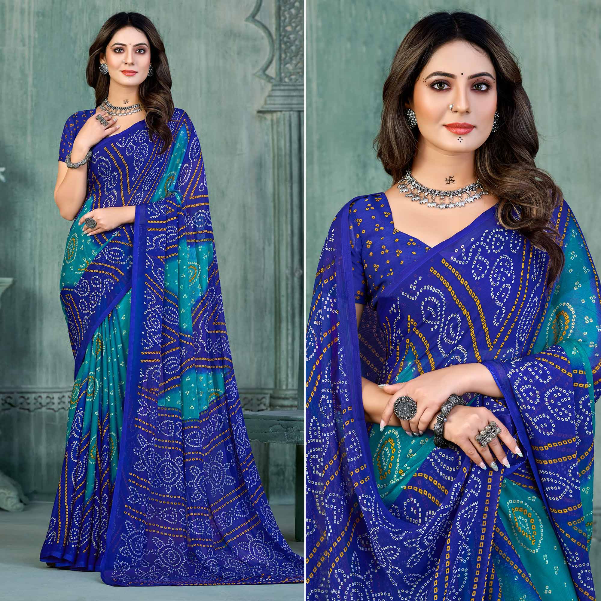 Blue & Teal Bandhani Printed Chiffon Saree