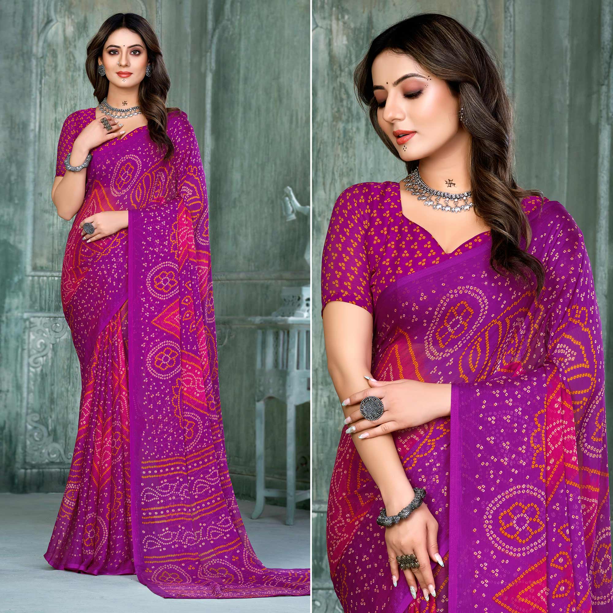 Purple & Magenta Bandhani Printed Chiffon Saree