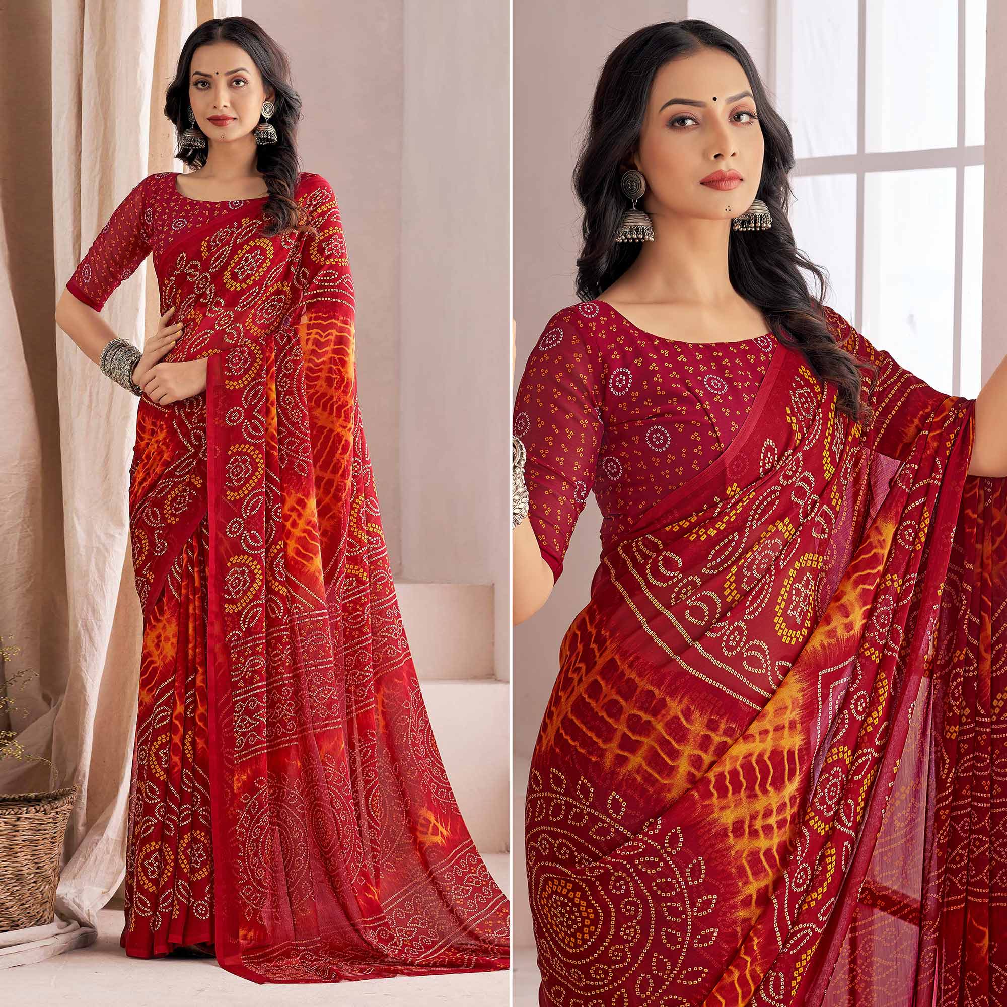 Maroon Bandhani Printed Chiffon Saree