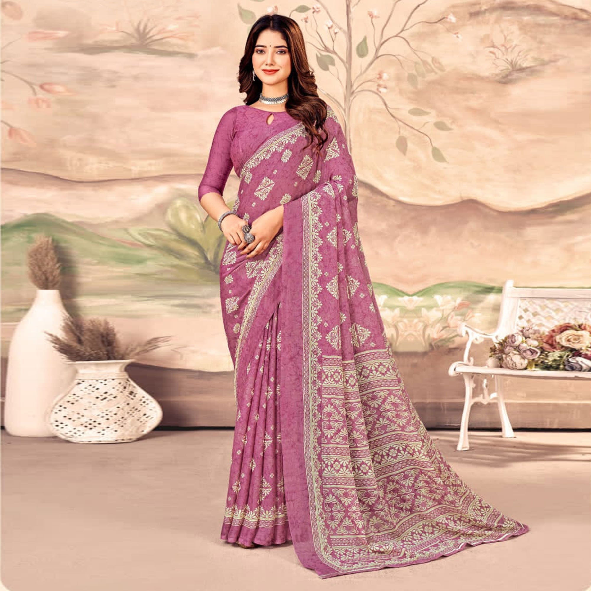 Onion Pink Floral Printed Chiffon Saree