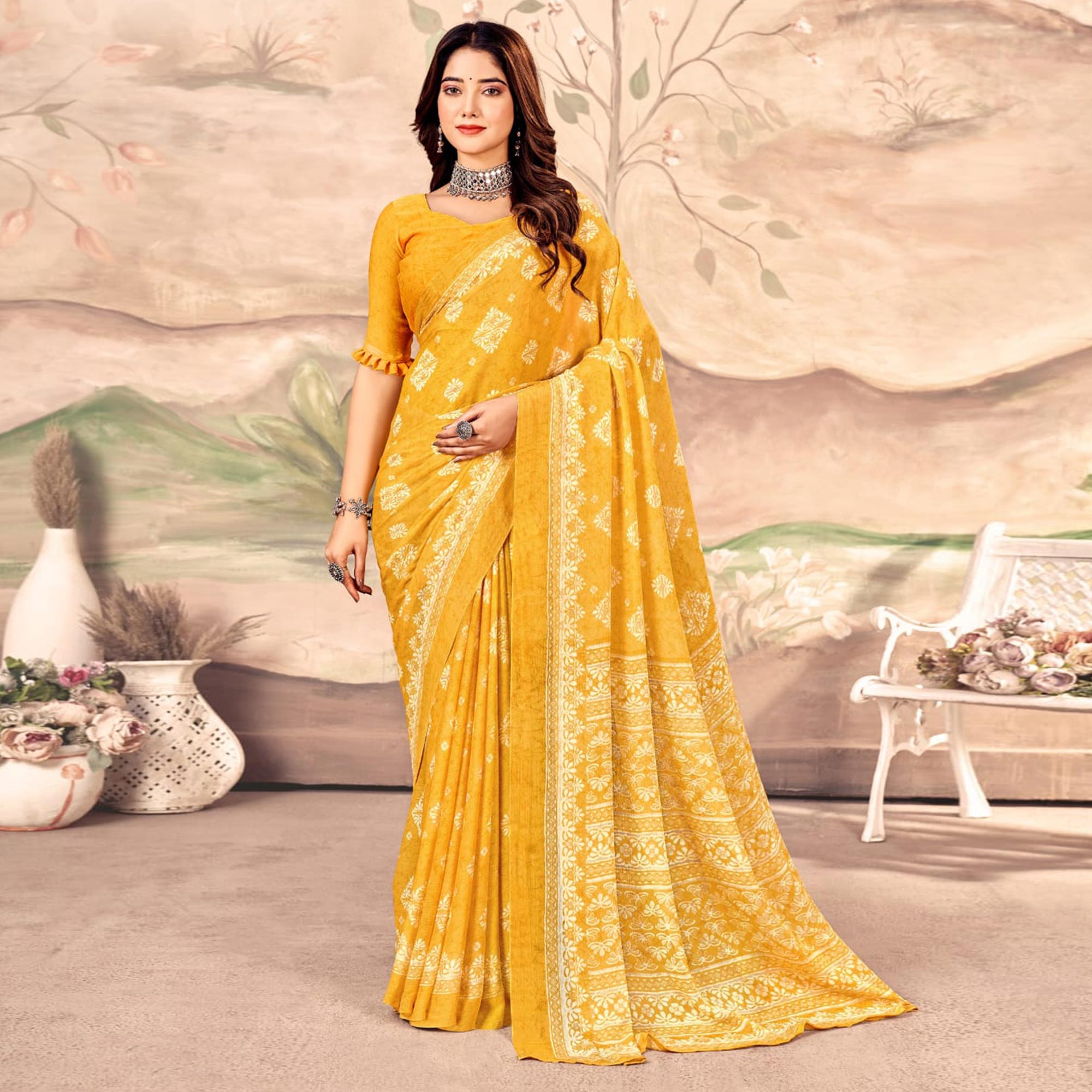 Mustard Floral Printed Chiffon Saree