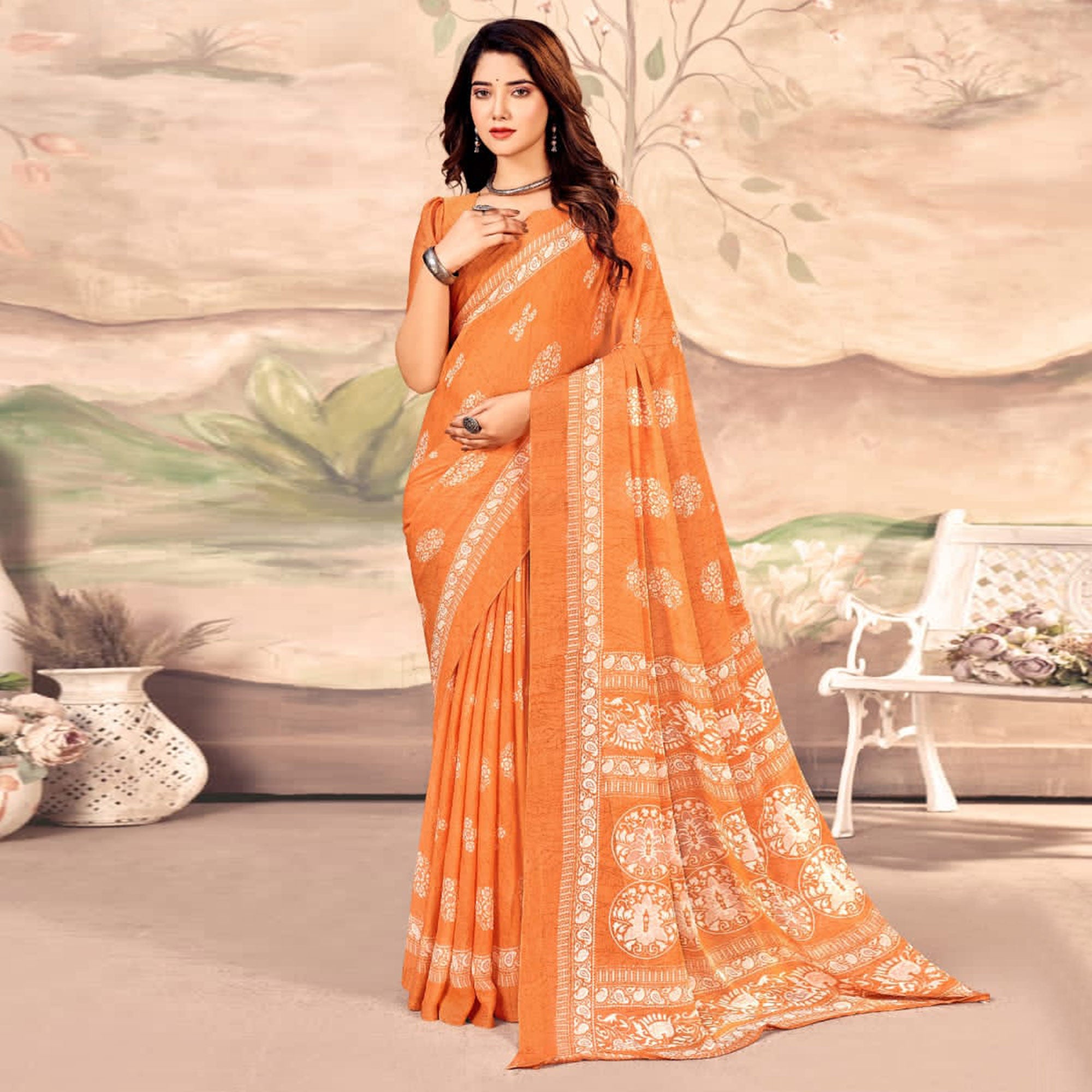Orange Floral Printed Chiffon Saree