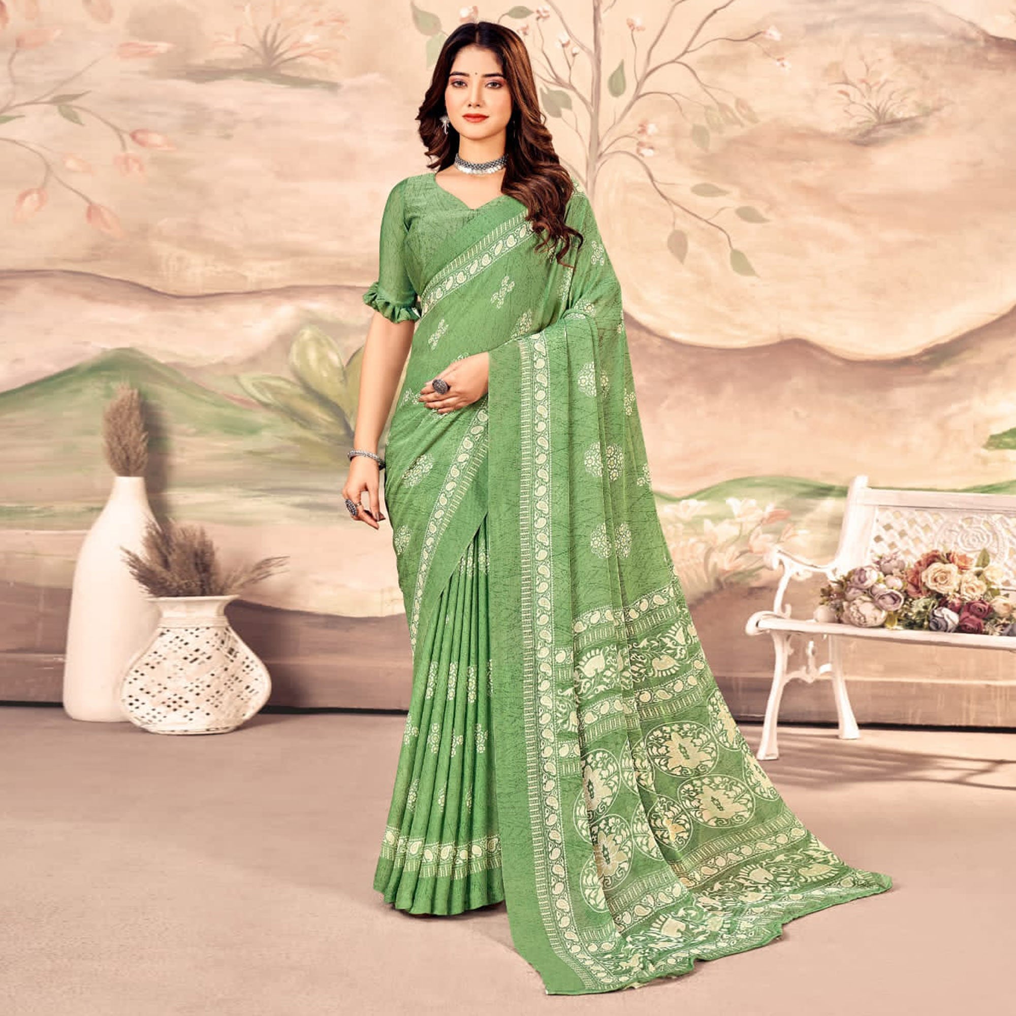 Green Floral Printed Chiffon Saree