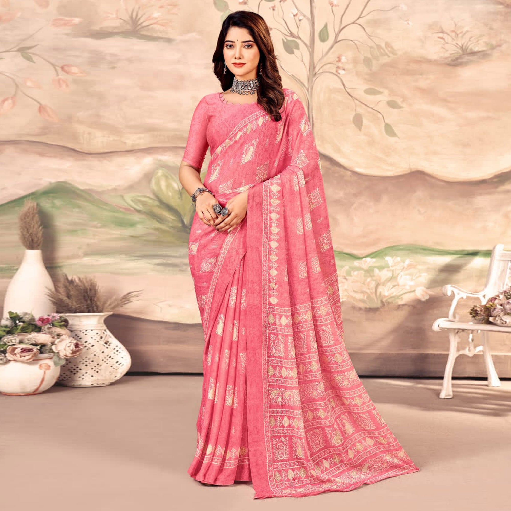 Pink Floral Printed Chiffon Saree
