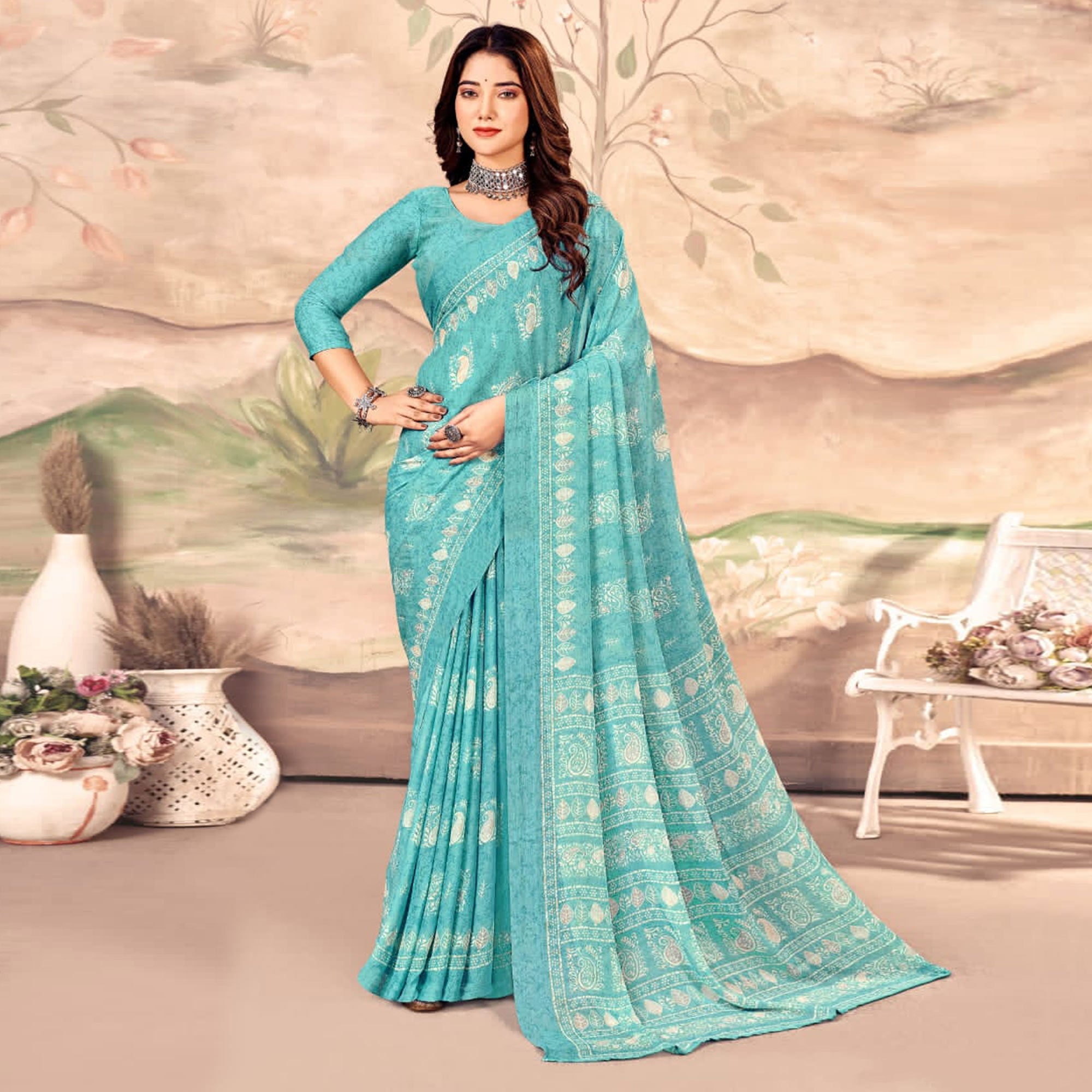 Sky Blue Floral Printed Chiffon Saree