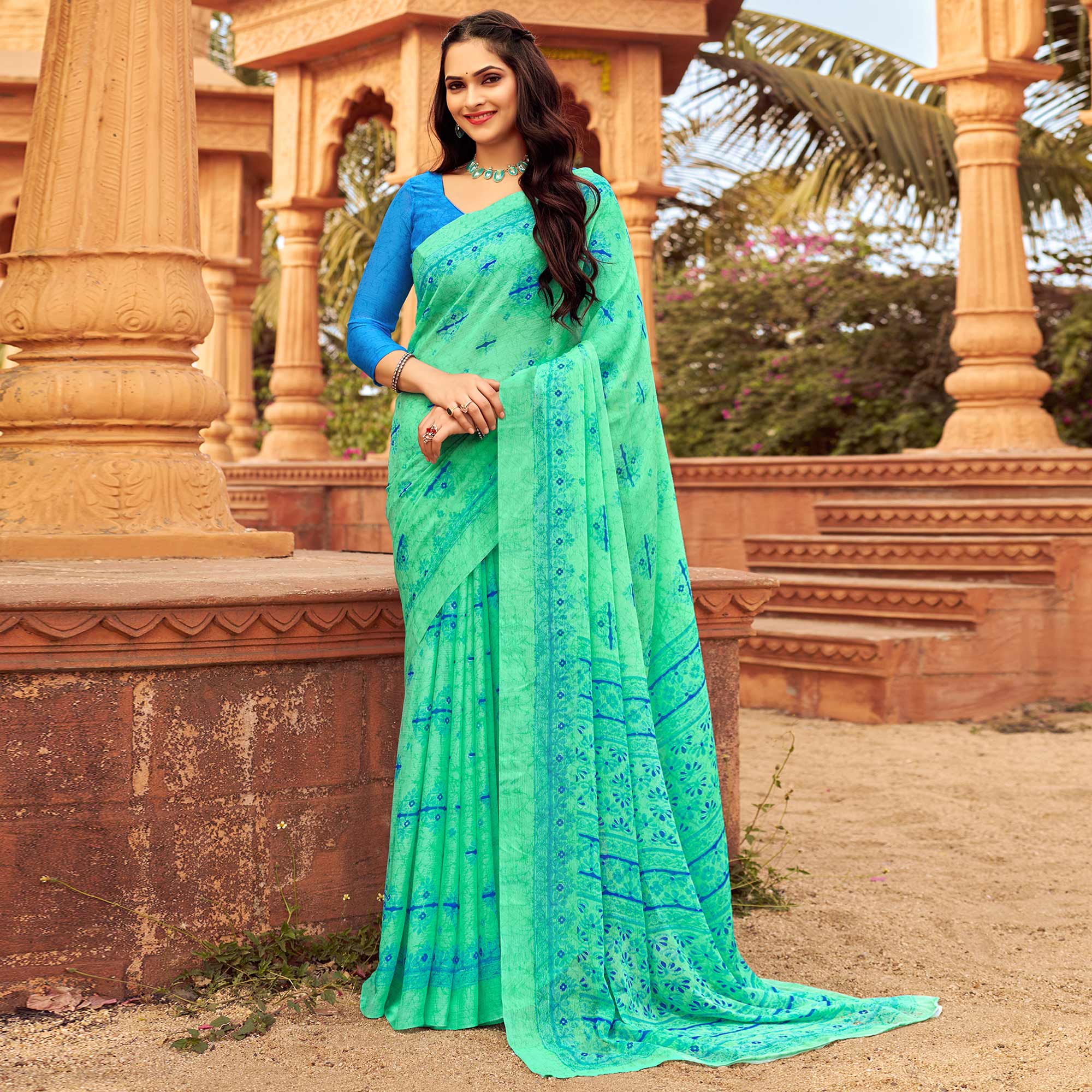 Sea Green Floral Printed Chiffon Saree
