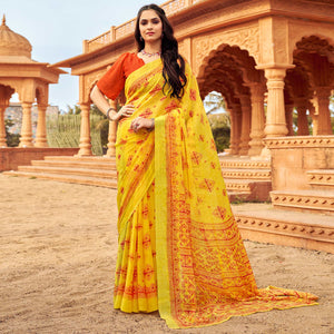 Yellow Floral Printed Chiffon Saree