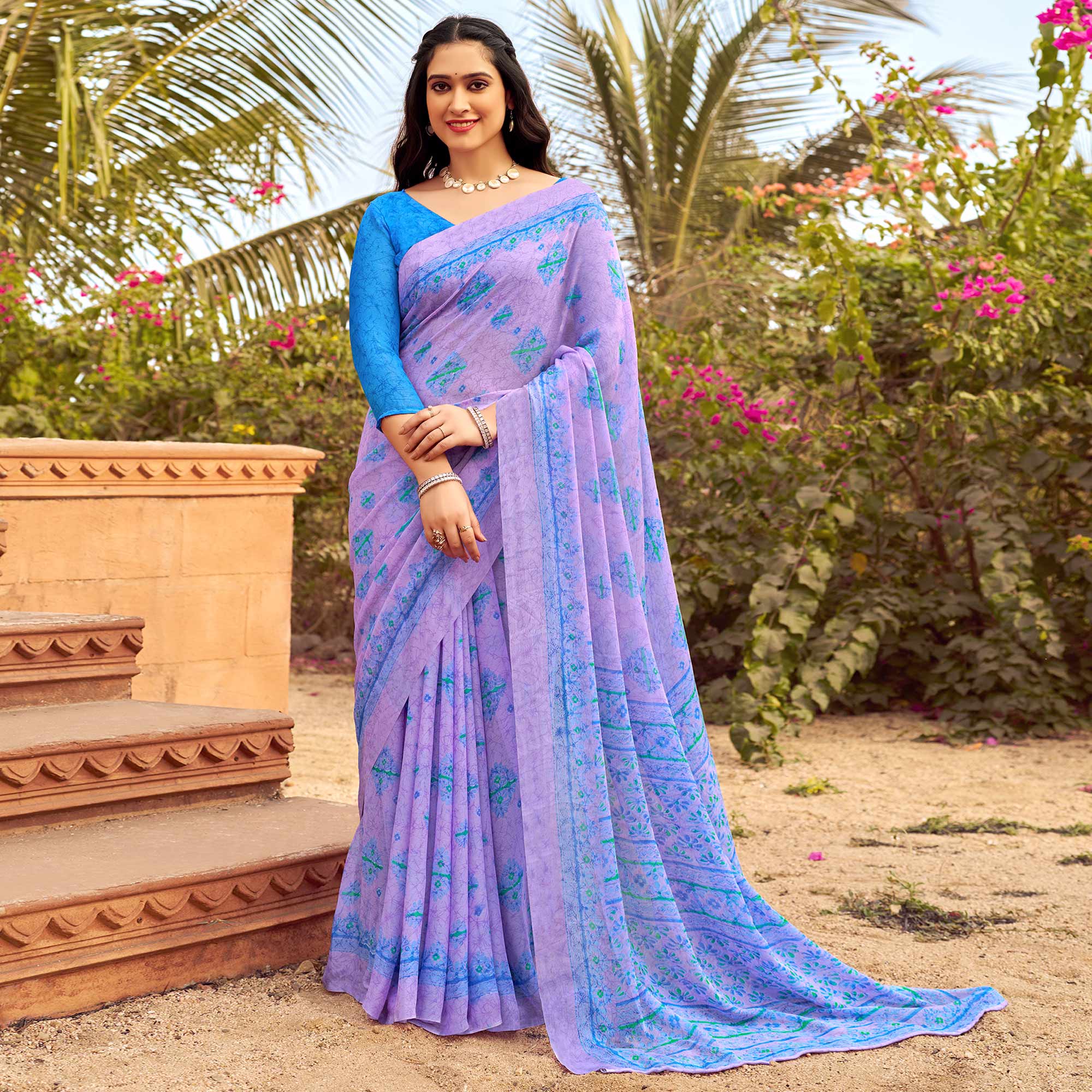 Purple Floral Printed Chiffon Saree