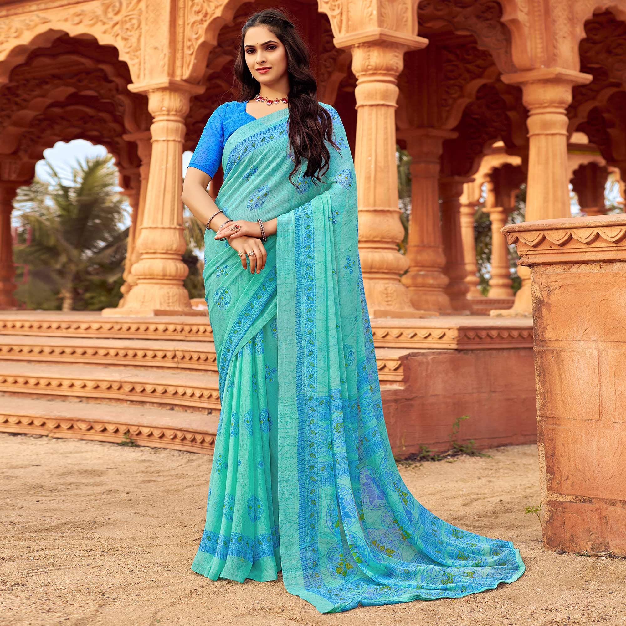 Blue Floral Printed Chiffon Saree