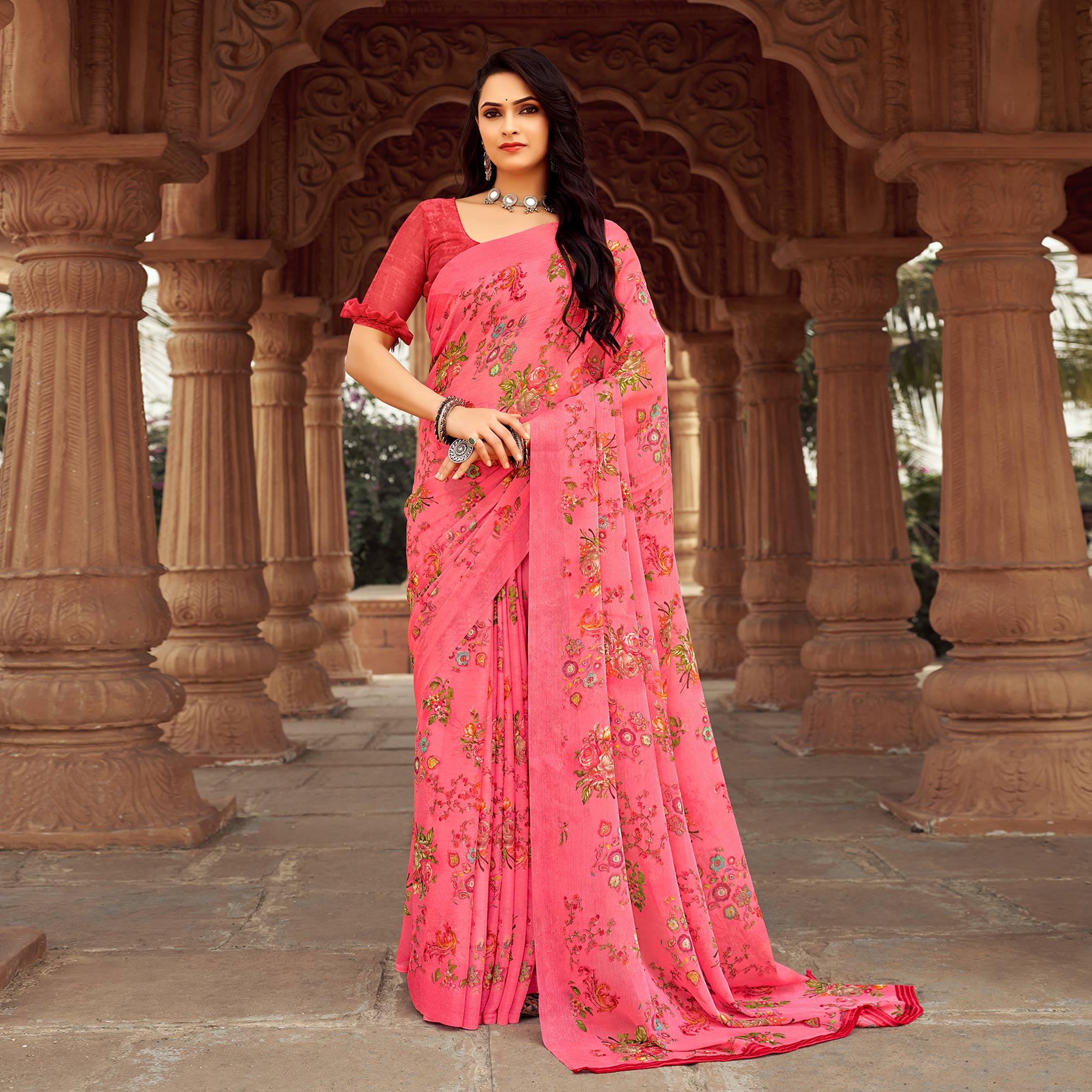 Pink Floral Printed Chiffon Saree