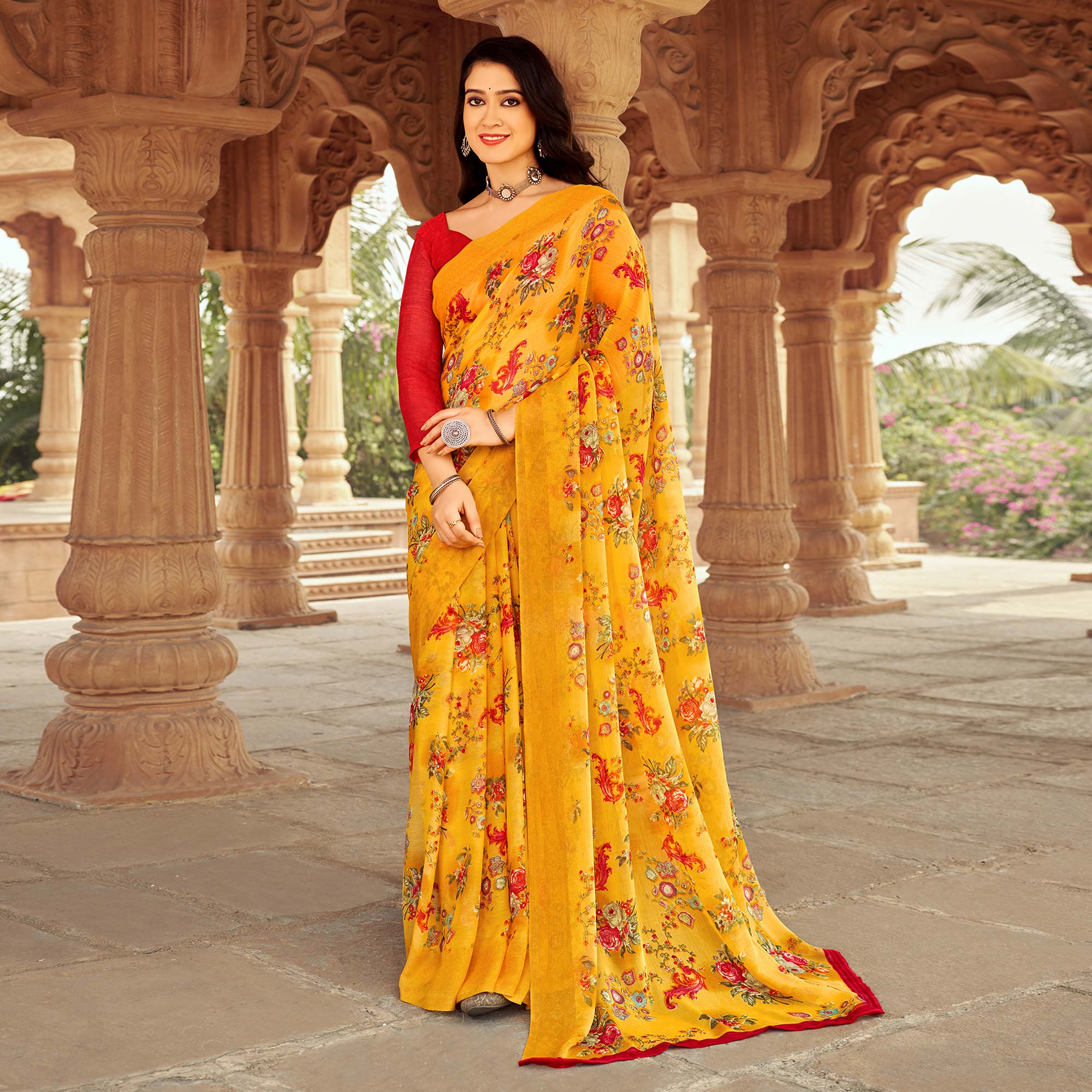 Mustard Floral Printed Chiffon Saree