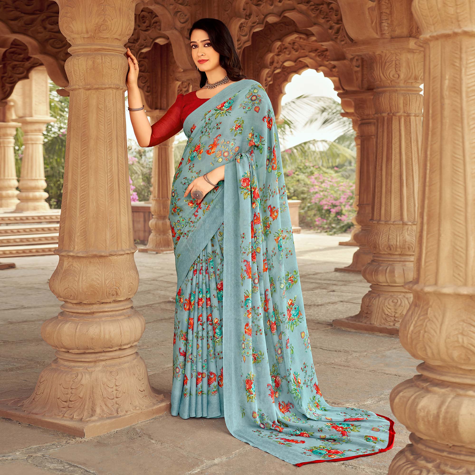 Grey Floral Printed Chiffon Saree