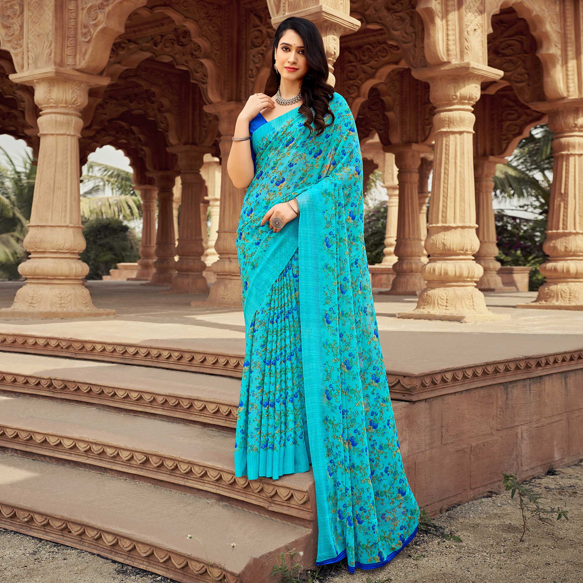 Sky blue Floral Printed Chiffon Saree