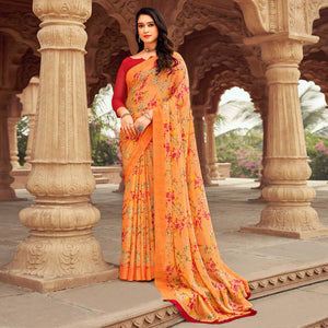 Orange Floral Printed Chiffon Saree