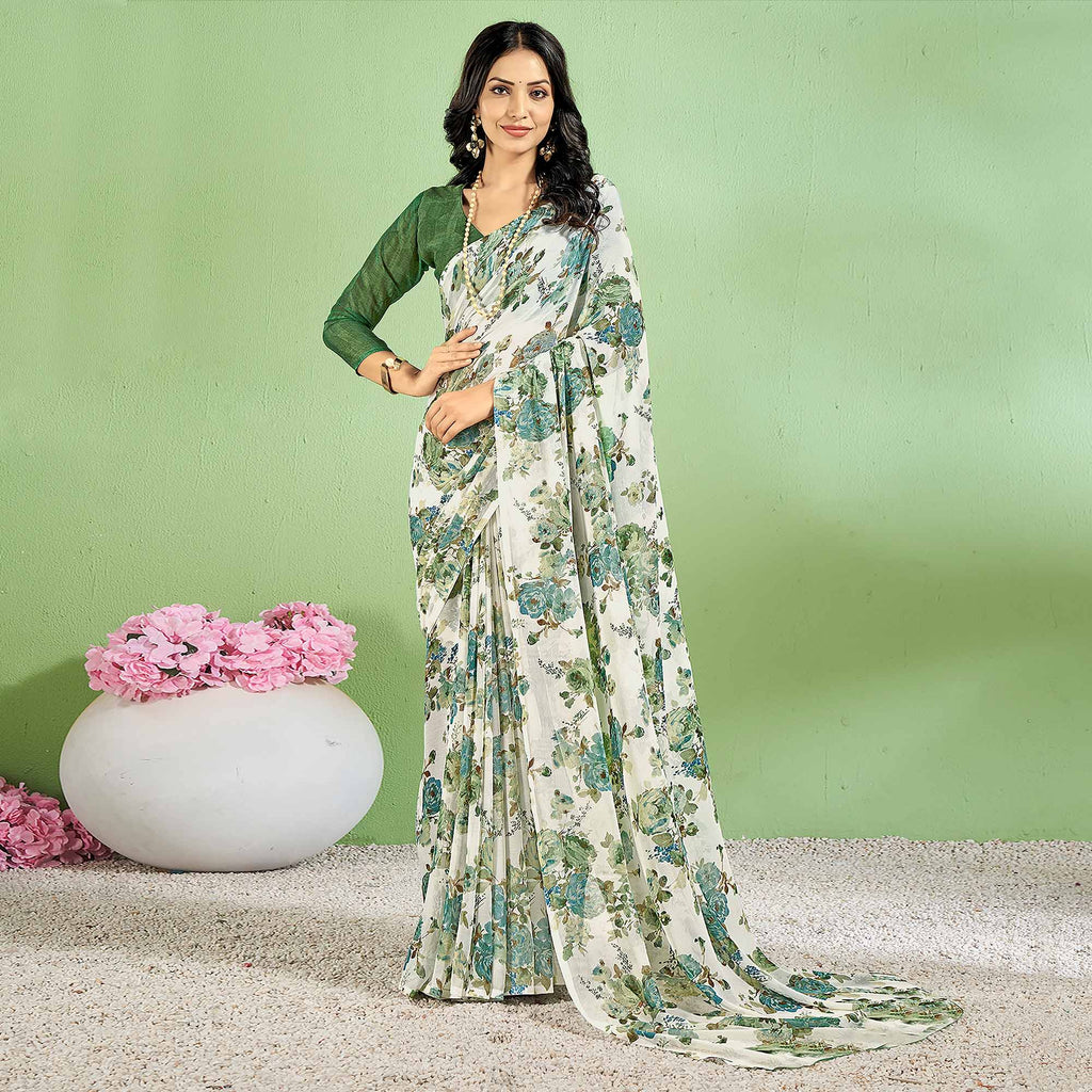 Green Floral Print Saree-Drape Dress