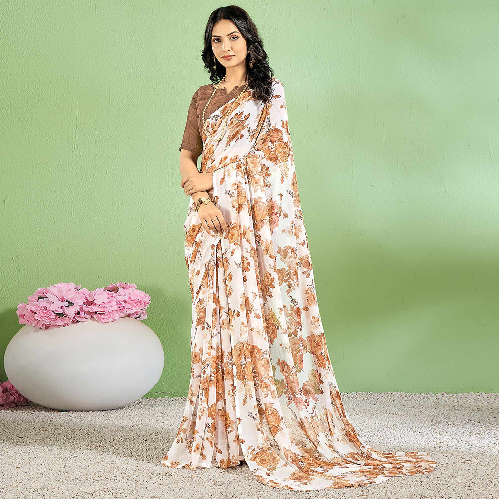 Farah Rust Brown Chiffon Floral Embroidered Border Ready to Wear Saree main image 0