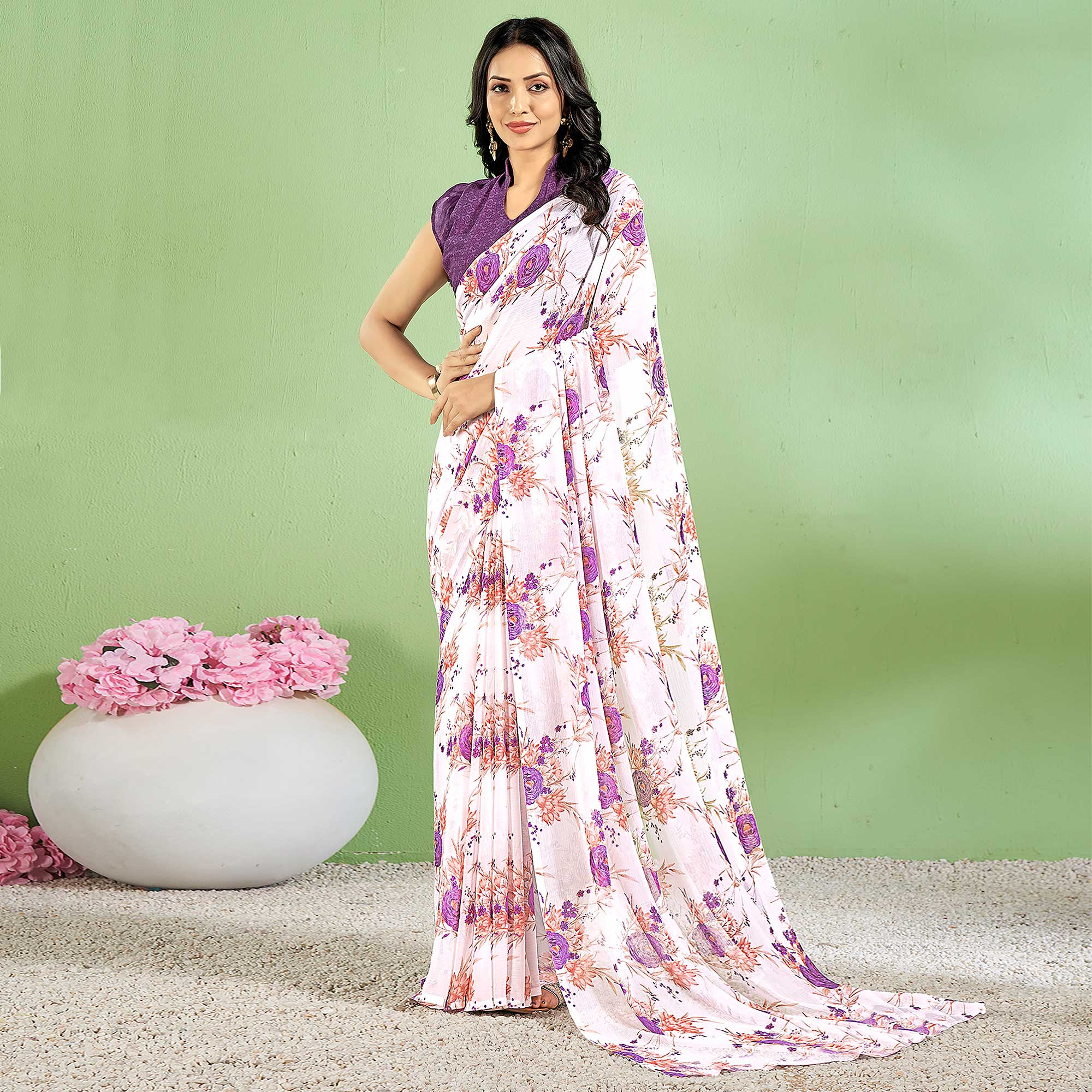 Purple Floral Printed Chiffon Saree