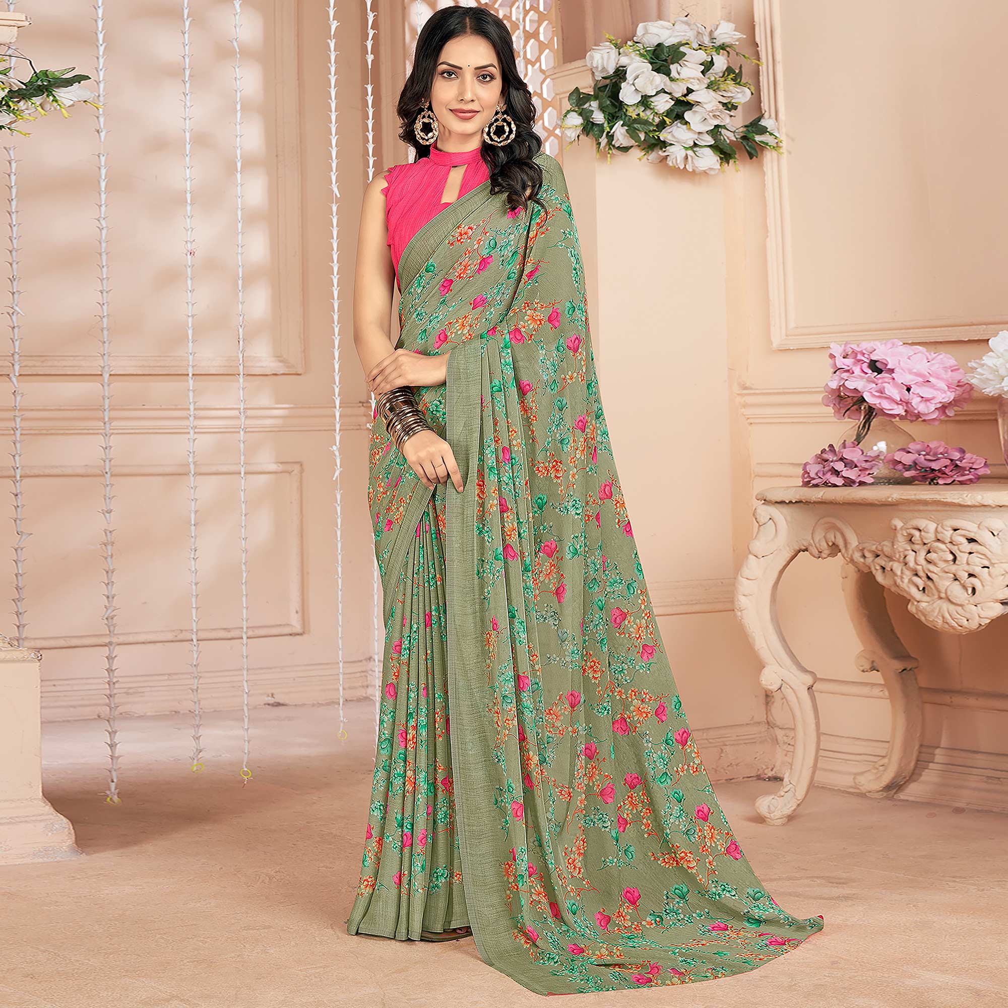 Olive Green Floral Printed Chiffon Saree