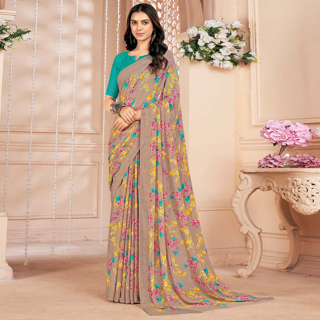 Women Beige And Maroon Ethnic Floral Print Saree With Atteched Blouse Piece main image 0