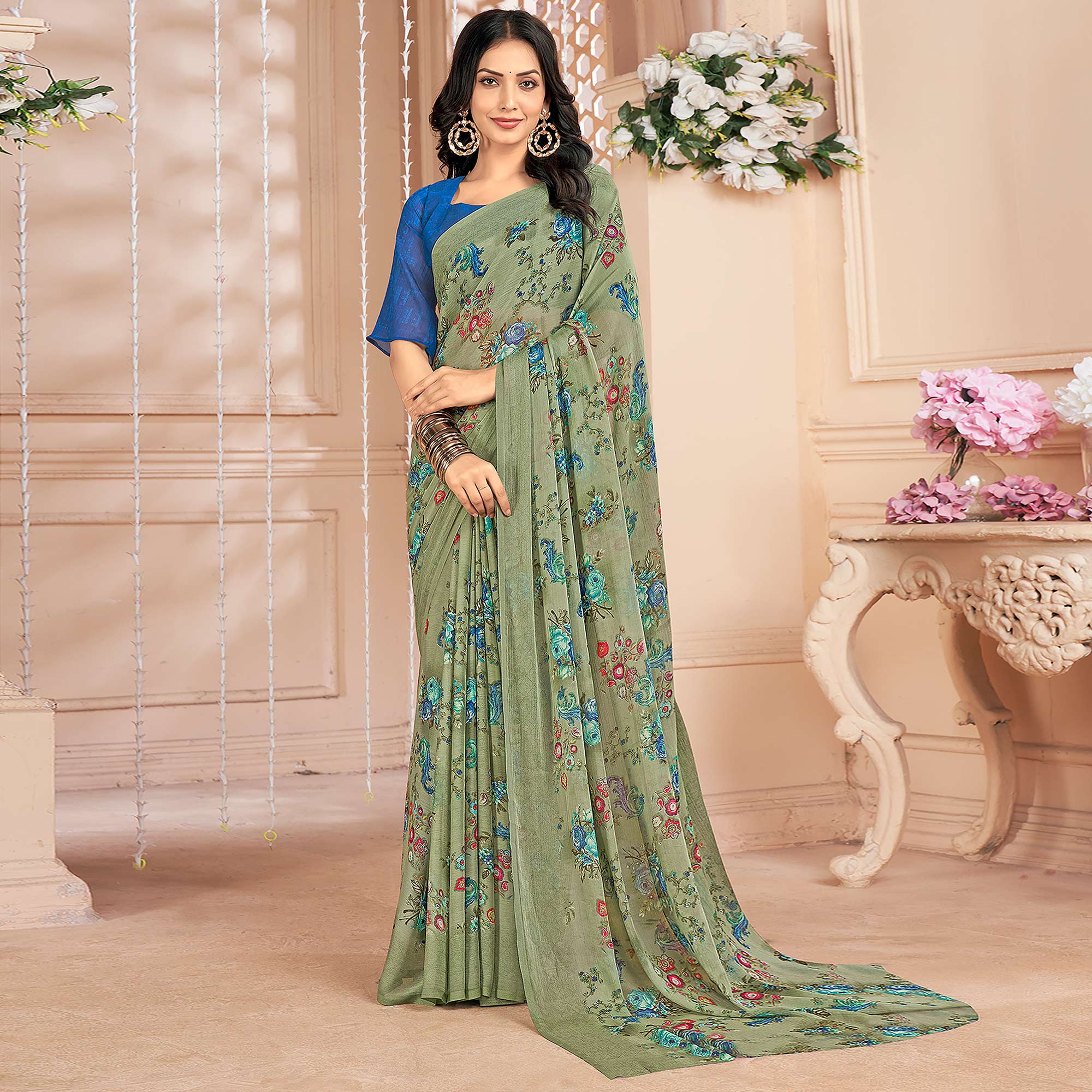 Olive Green Floral Printed Chiffon Saree