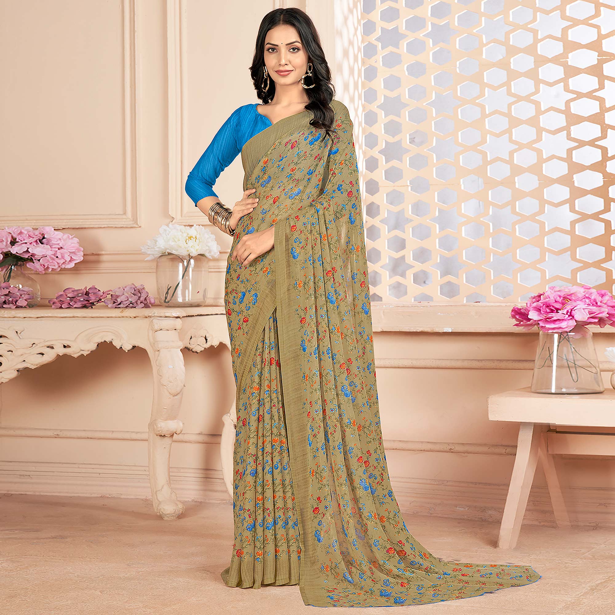 Beige Floral Printed Chiffon Saree