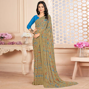Beige Floral Printed Chiffon Saree