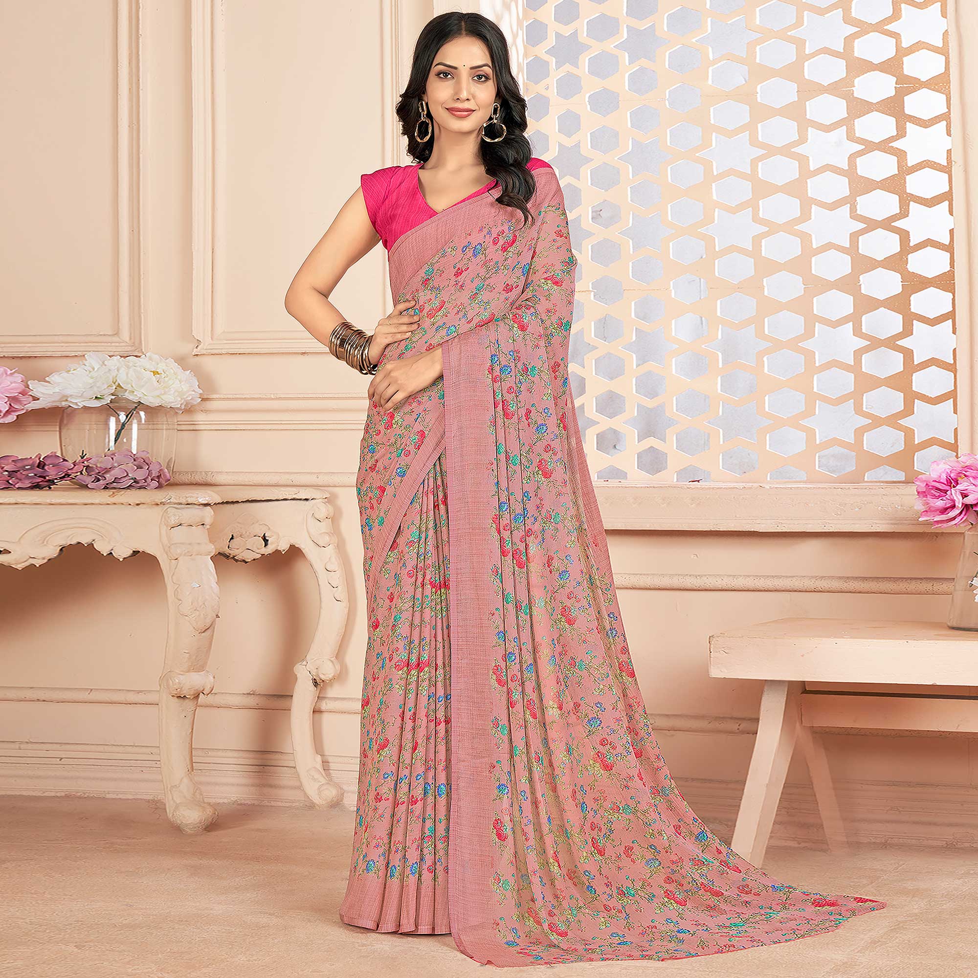 Pink Floral Printed Chiffon Saree