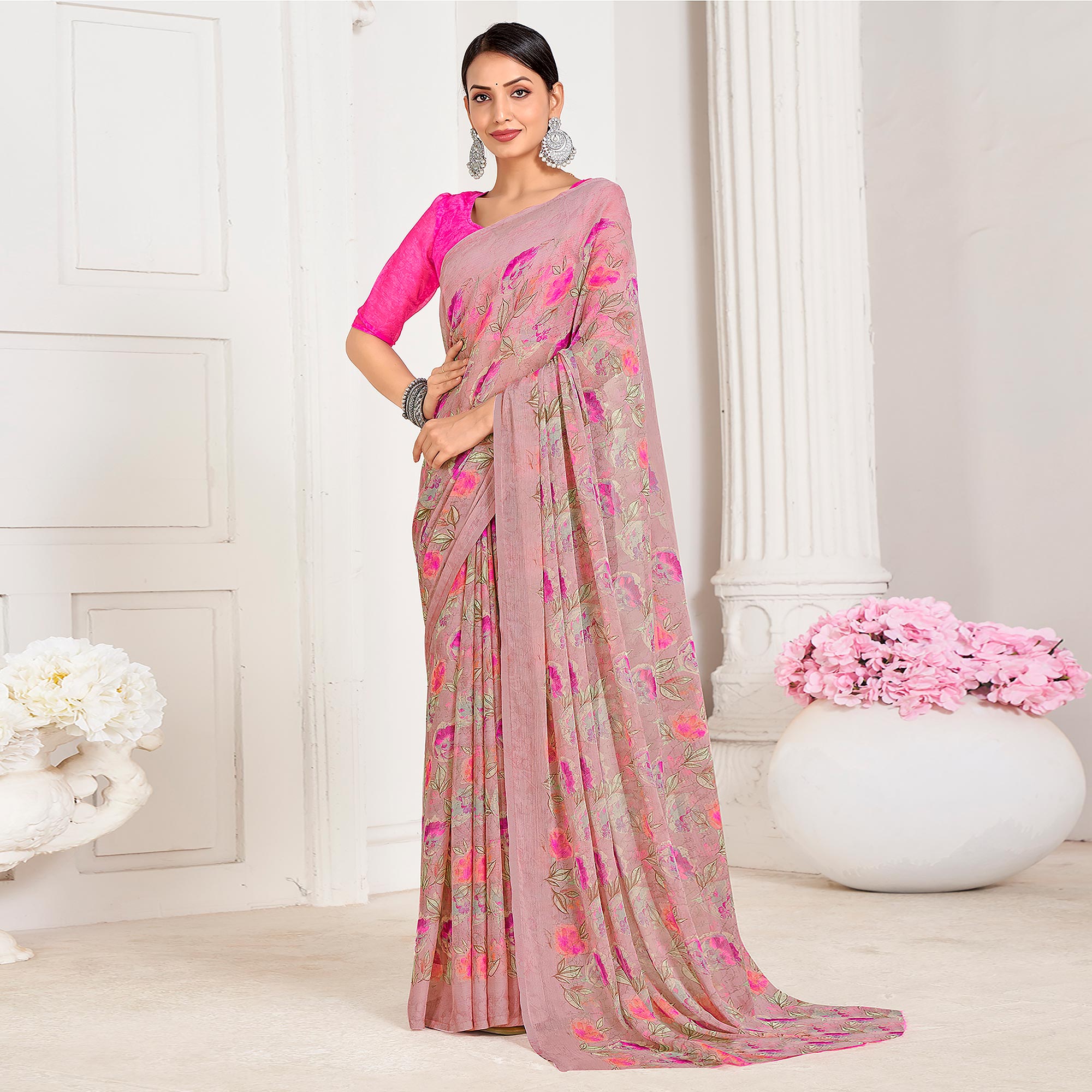 Pink Floral Printed Chiffon Saree