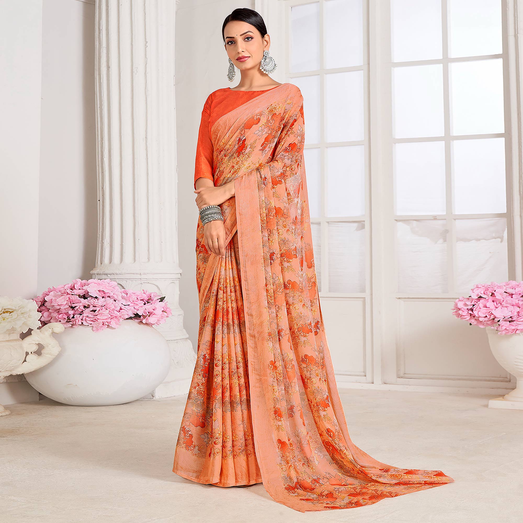 Peach Floral Printed Chiffon Saree