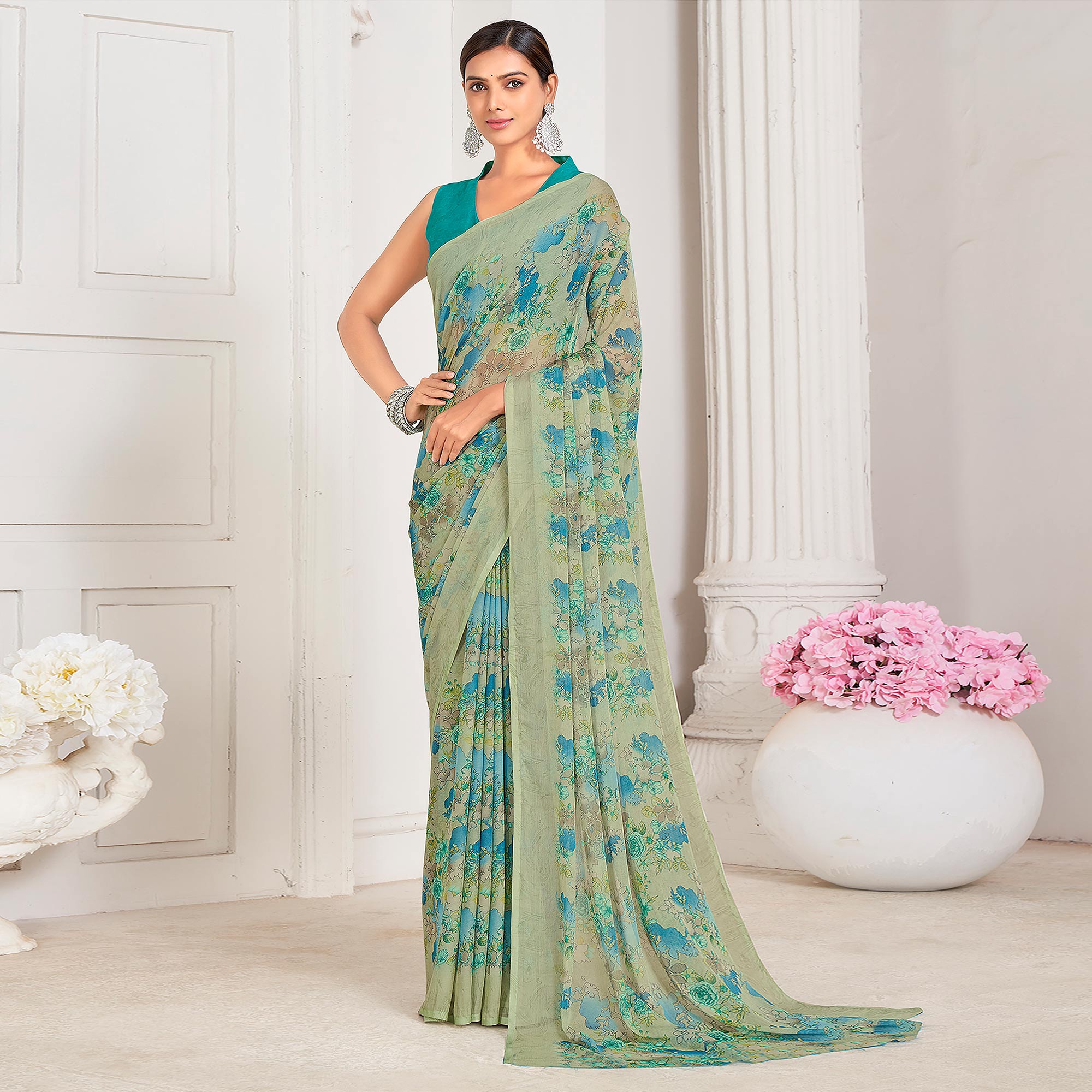 Women's Chiffon Sea Green Embellished Designer Saree With Blouse Piece
