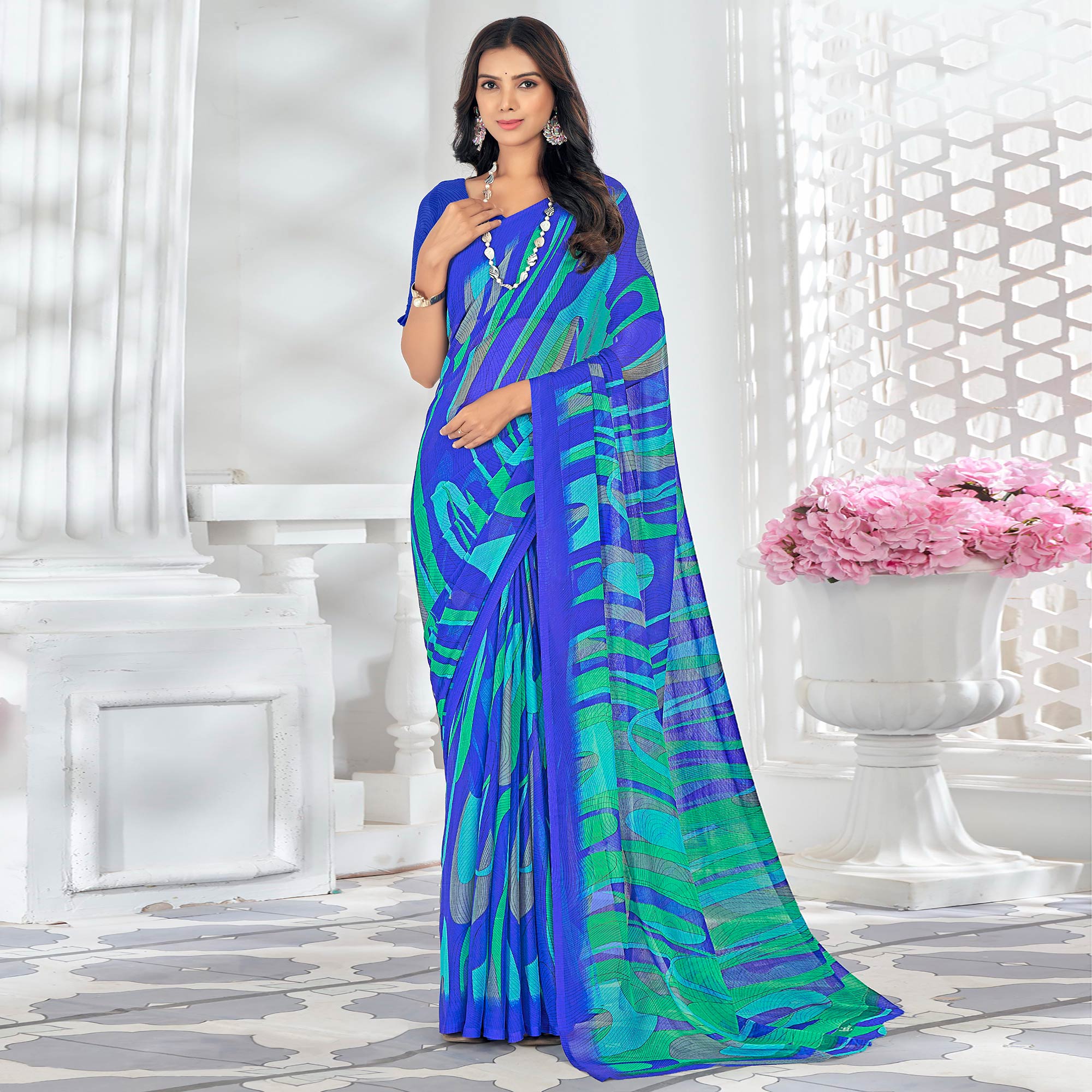 Blue Printed Chiffon Saree
