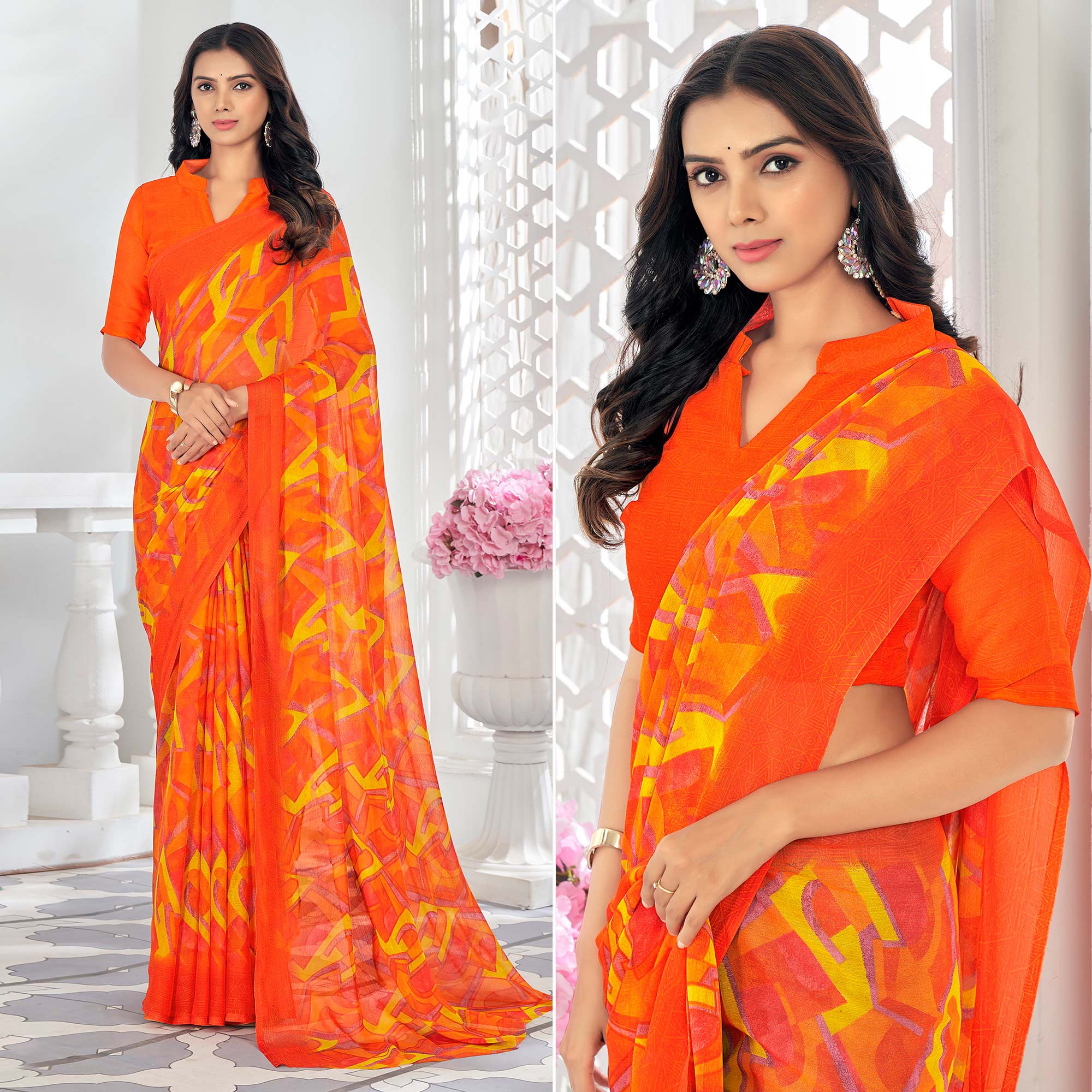 Orange Printed Chiffon Saree
