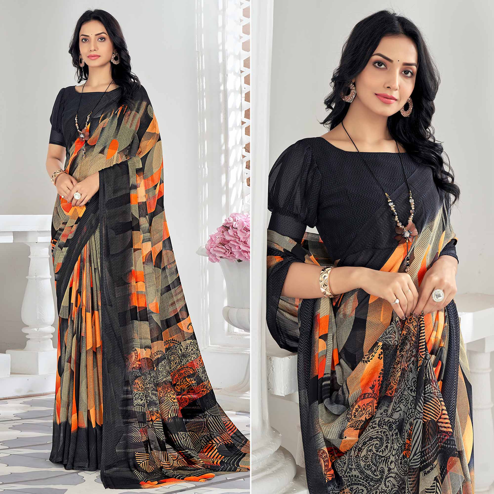 Black & Orange Printed Chiffon Saree