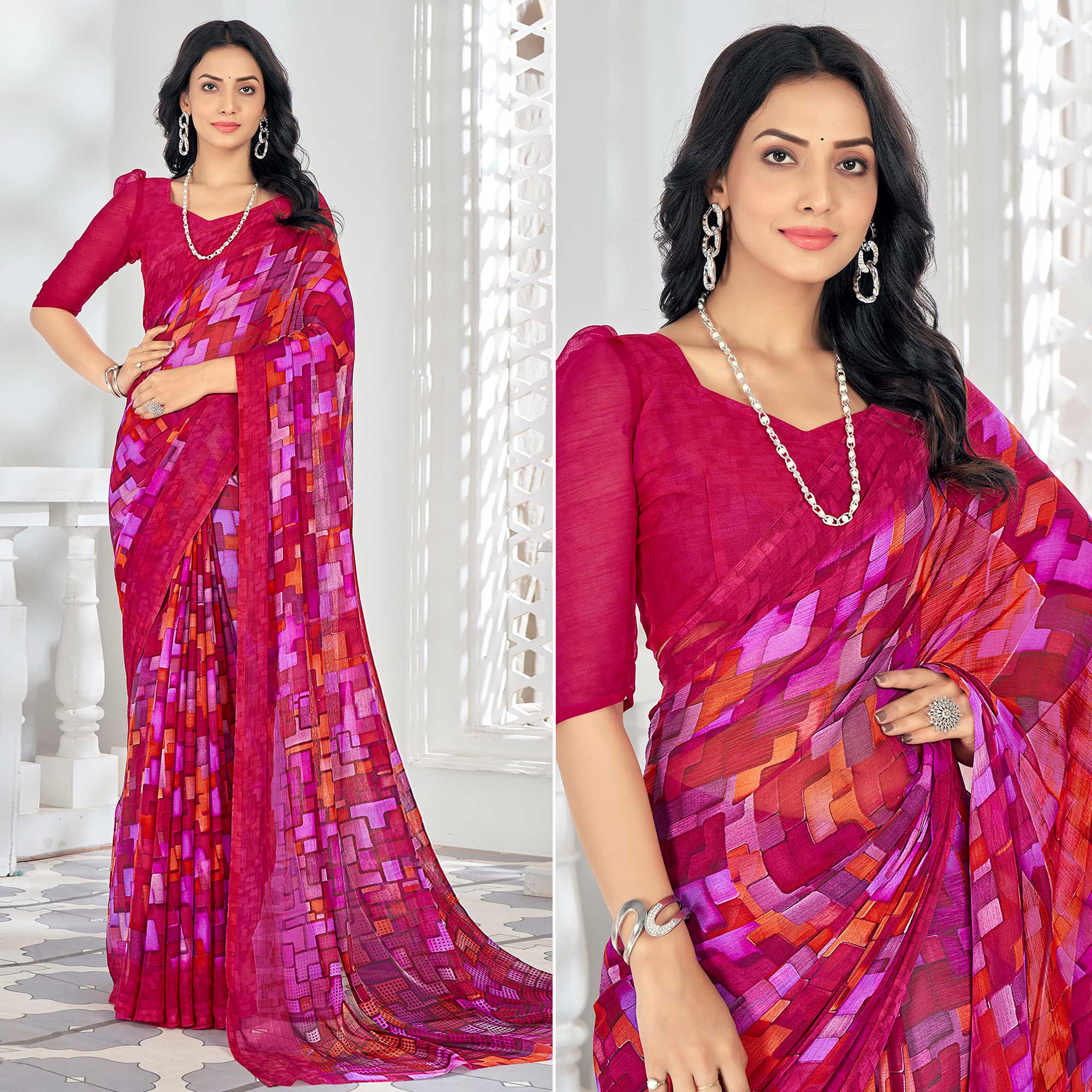 Rani pink Printed Chiffon Saree