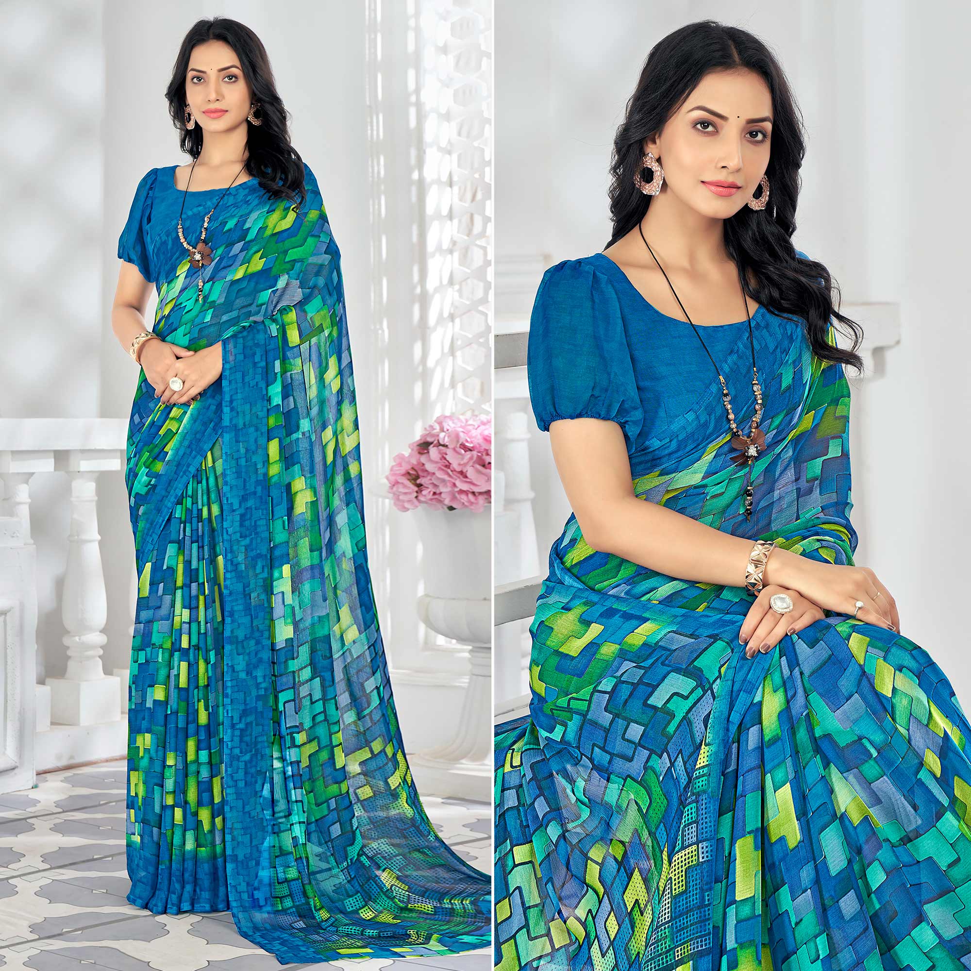 Blue Printed Chiffon Saree