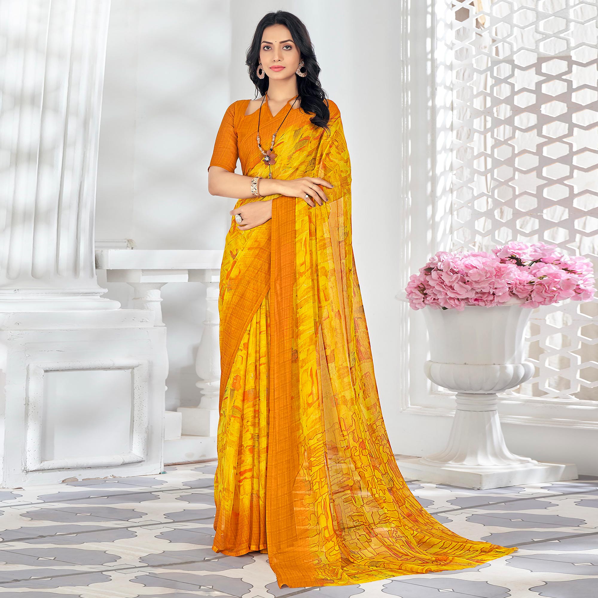 Yellow Printed Chiffon Saree