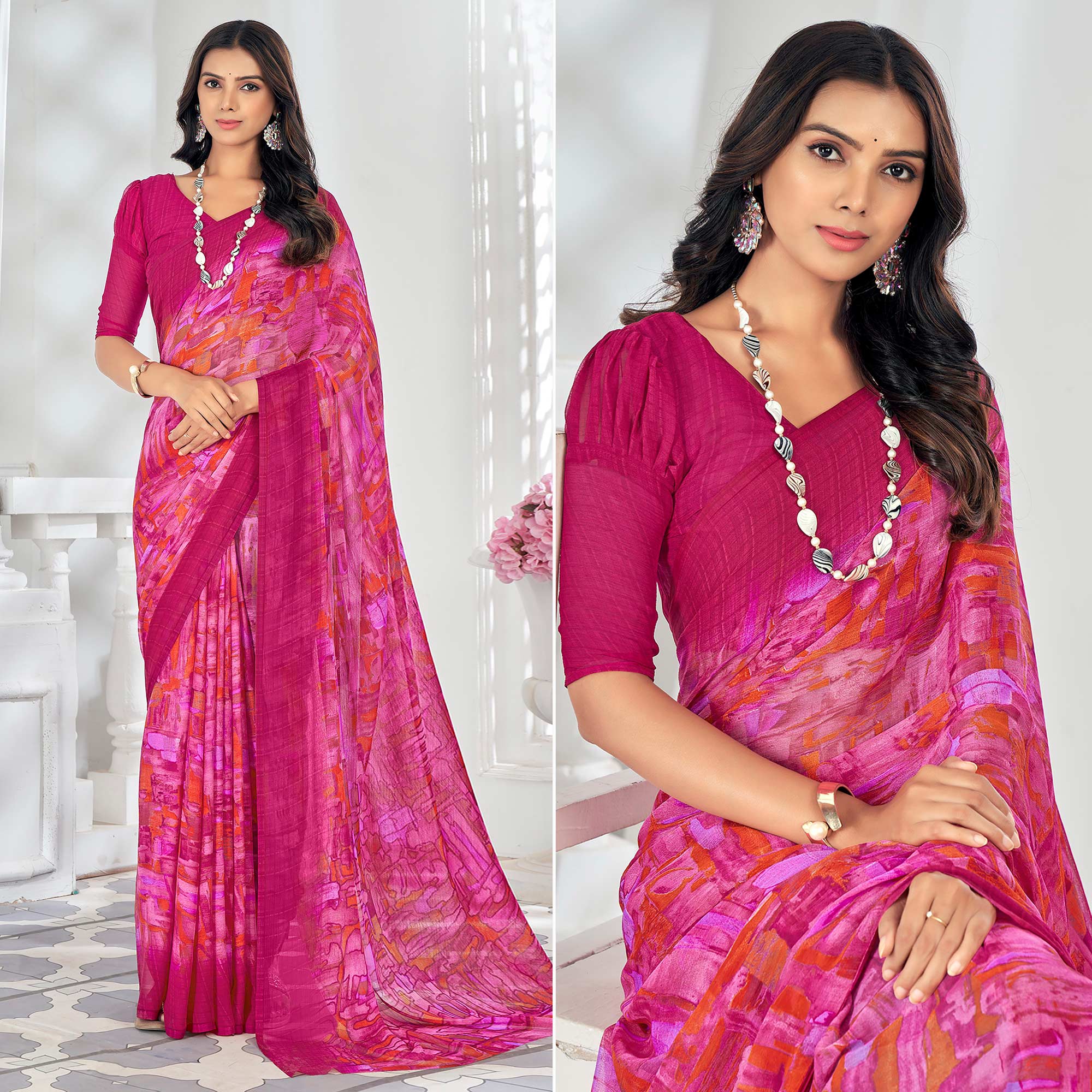 Pink Printed Chiffon Saree