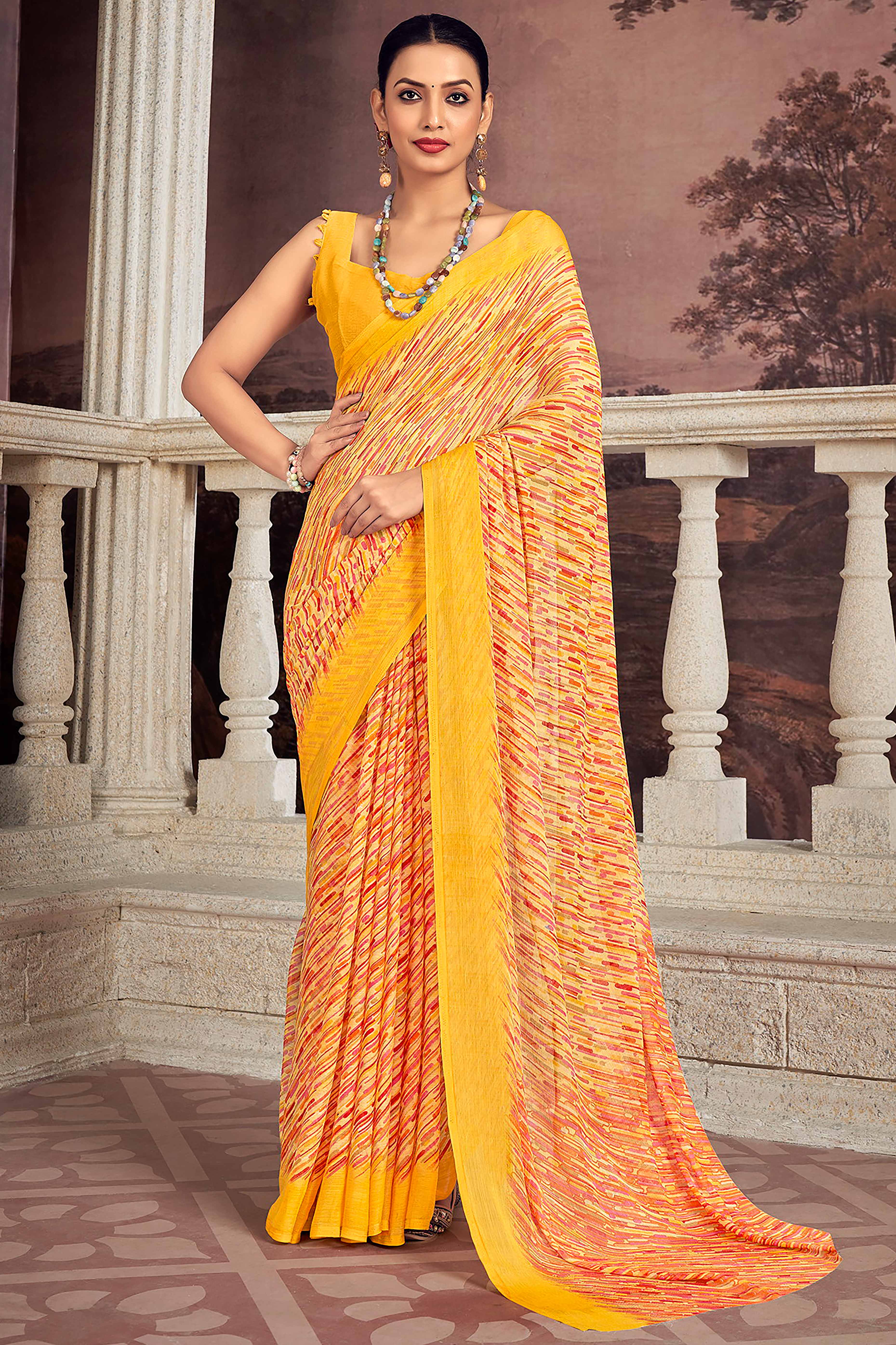 Elegant Mustard Chiffon Saree With Stylish Print