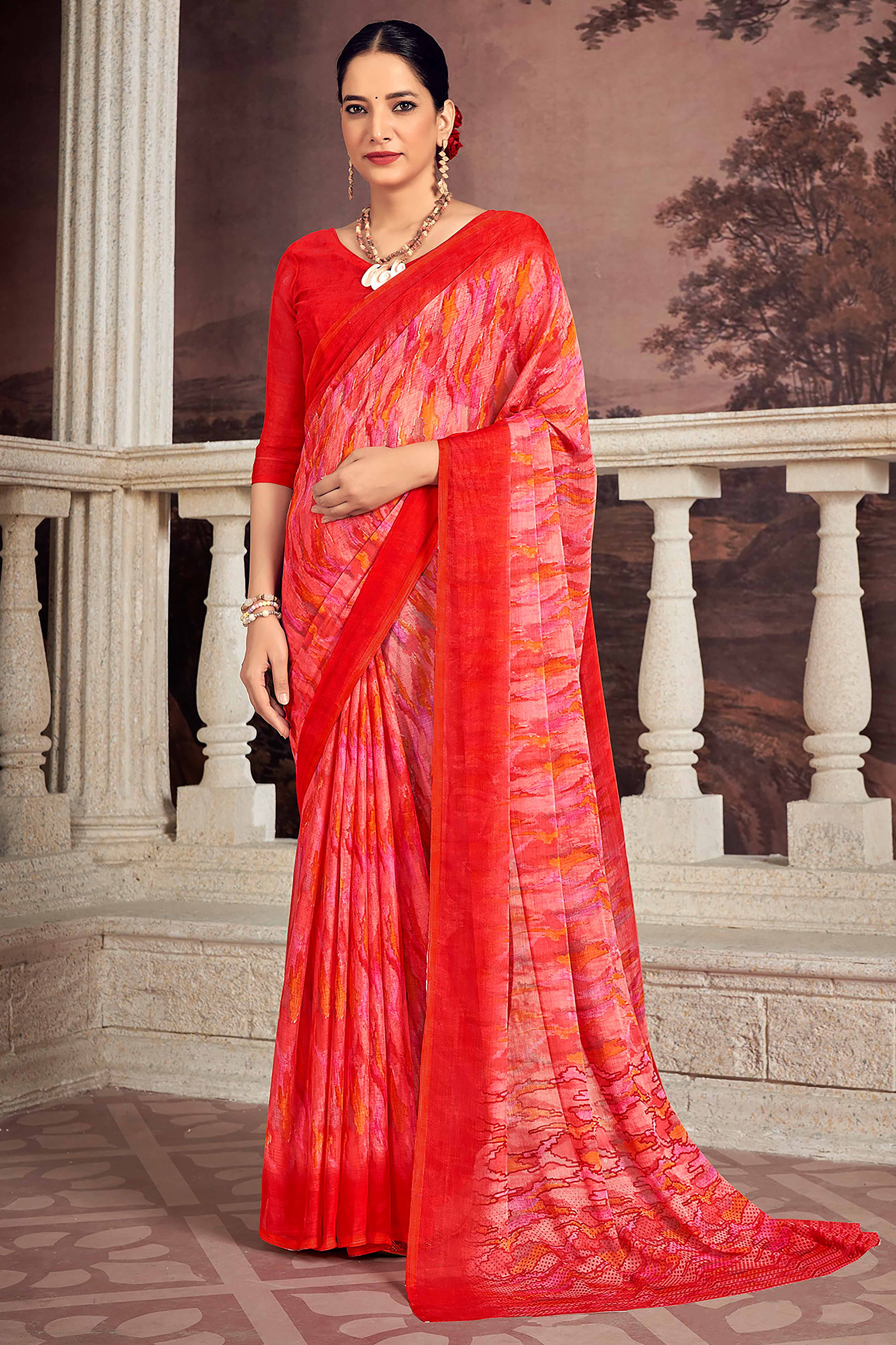 Bold Red Chiffon Saree With Artistic Abstract Prints