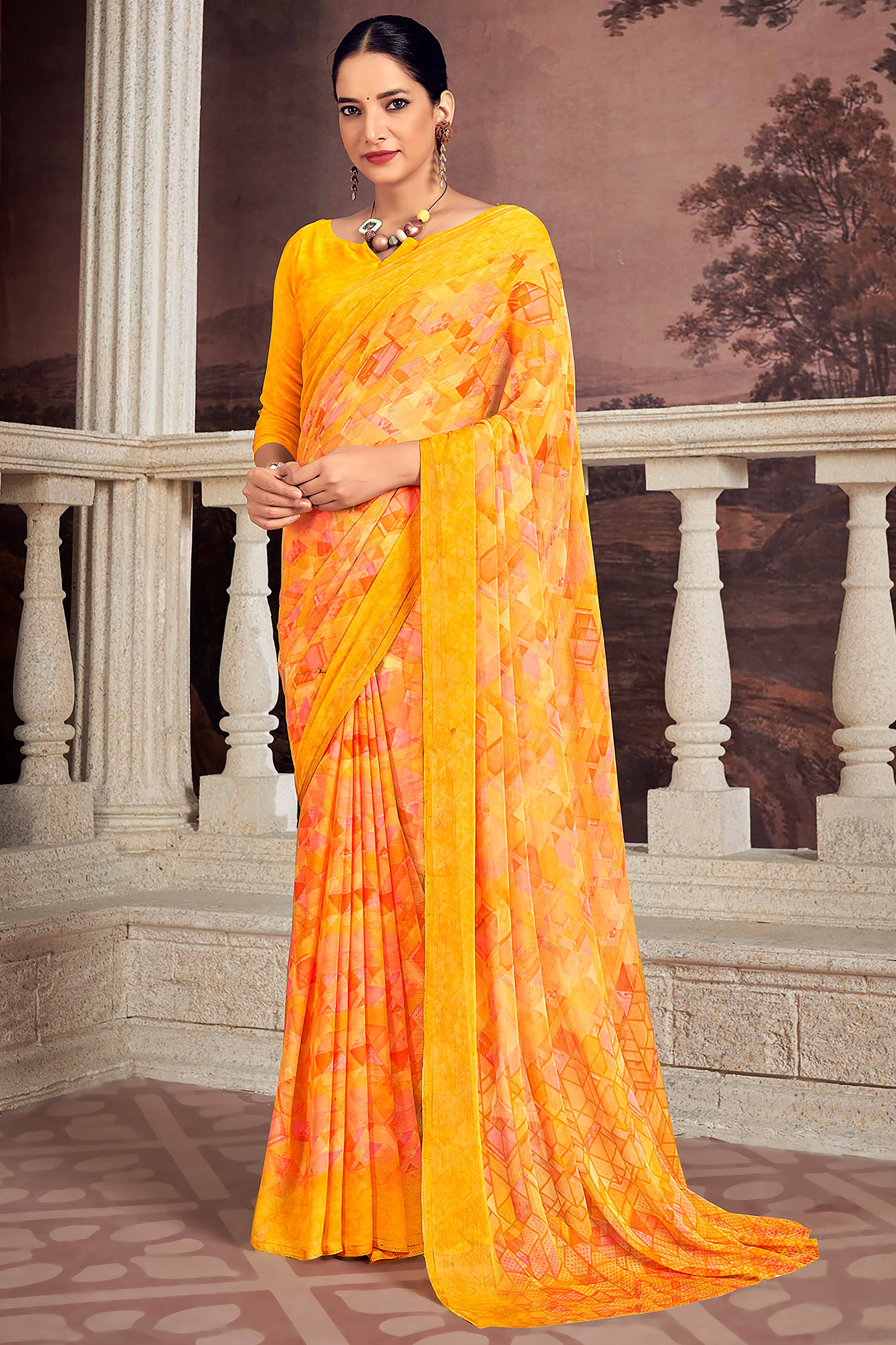 Elegant Mustard Chiffon Saree With Modern Geometric Print