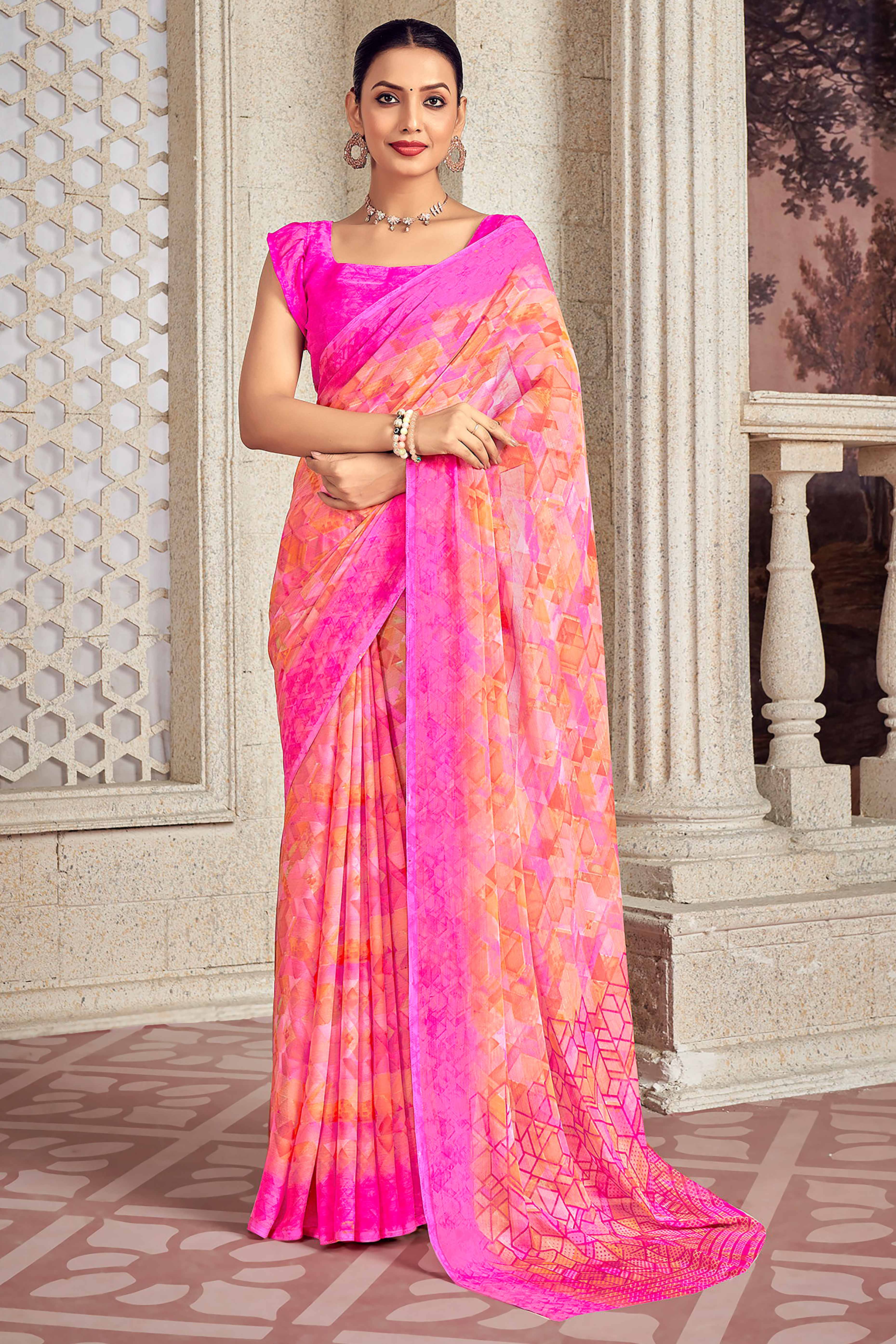 Chic Pink Chiffon Saree With Stylish Geometric Print
