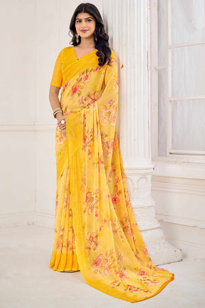 Mustard Chiffon Saree Embellished With Dreamy Floral Print