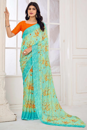 Turquoise Chiffon Saree Embellished With Dreamy Floral Print
