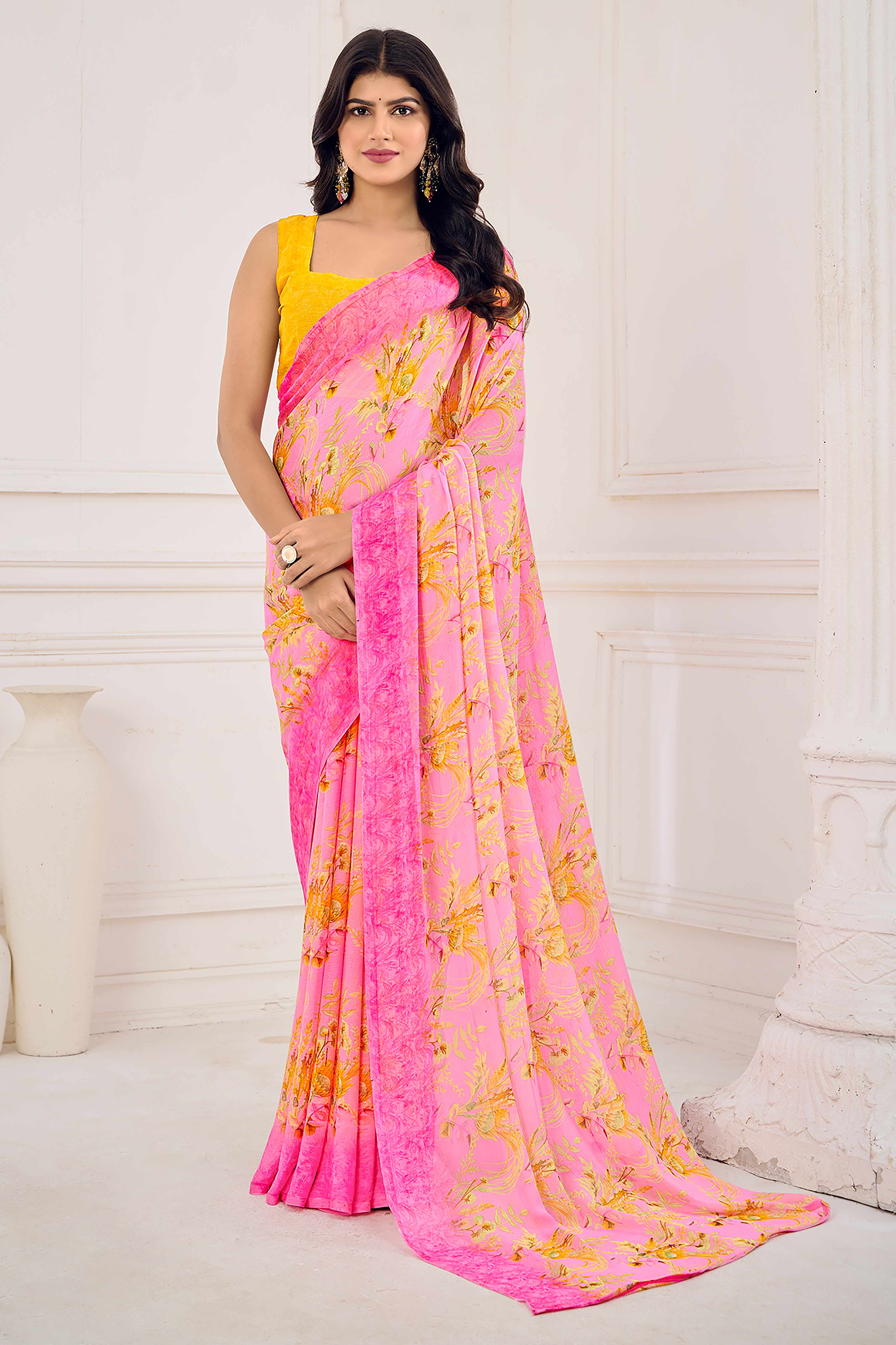 Pink Chiffon Saree Embellished With Dreamy Floral Print