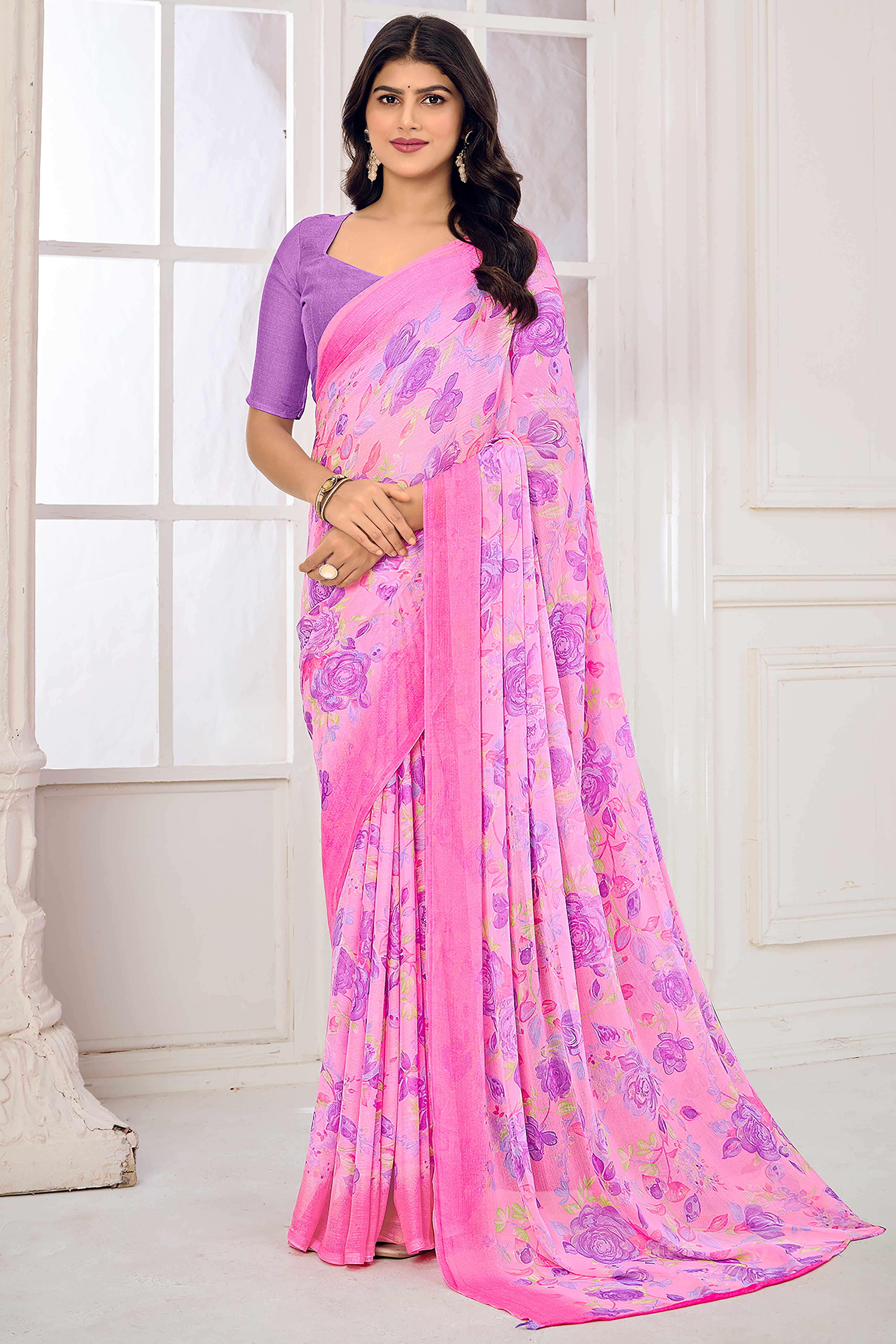 Pink Chiffon Saree Embellished With Dreamy Floral Print