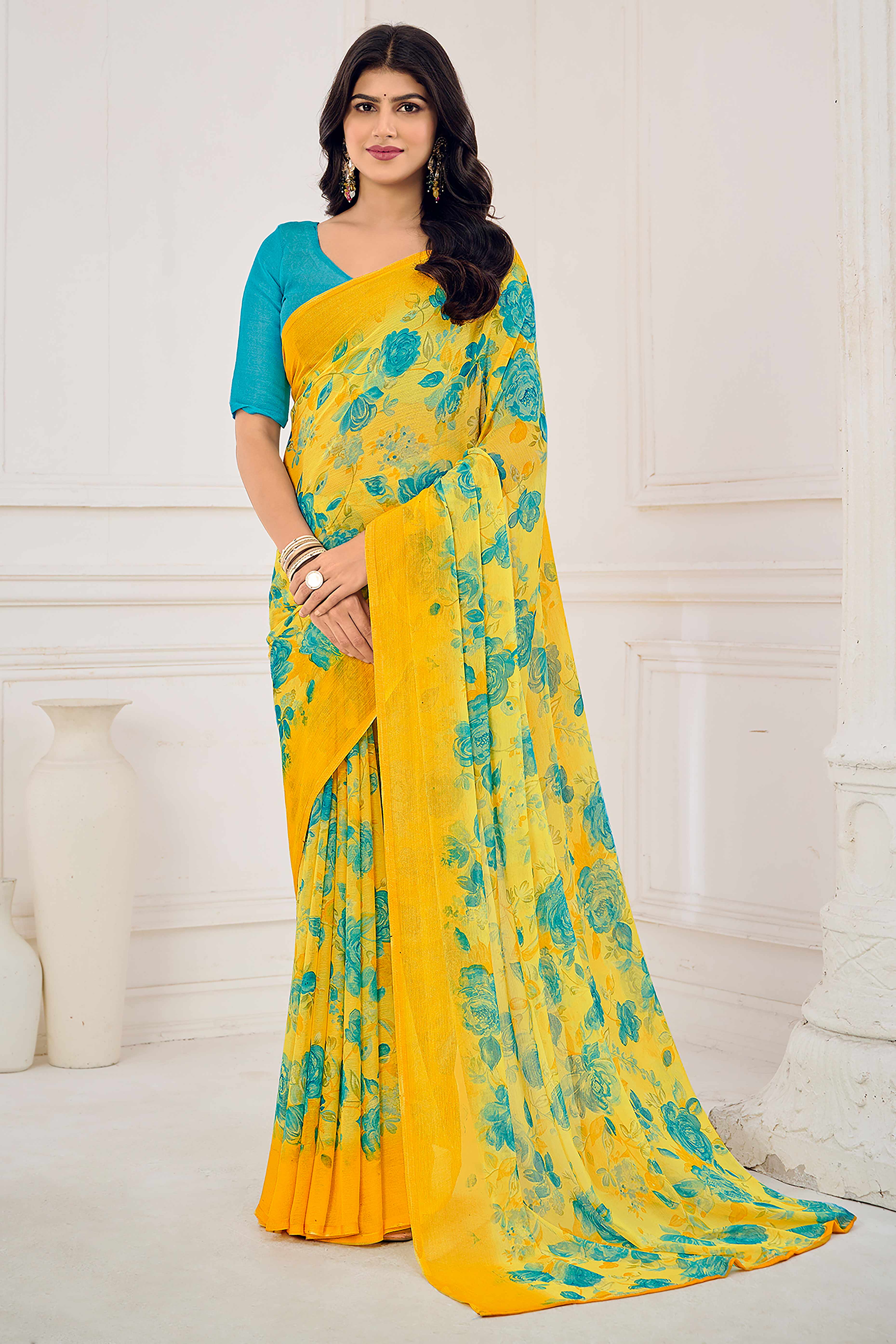 Mustard Chiffon Saree Embellished With Dreamy Floral Print