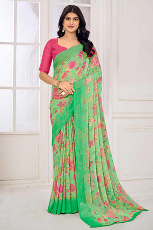Green Chiffon Saree Embellished With Dreamy Floral Print