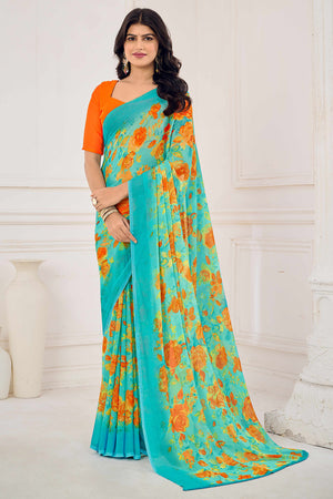 Turquoise Chiffon Saree Embellished With Dreamy Floral Print